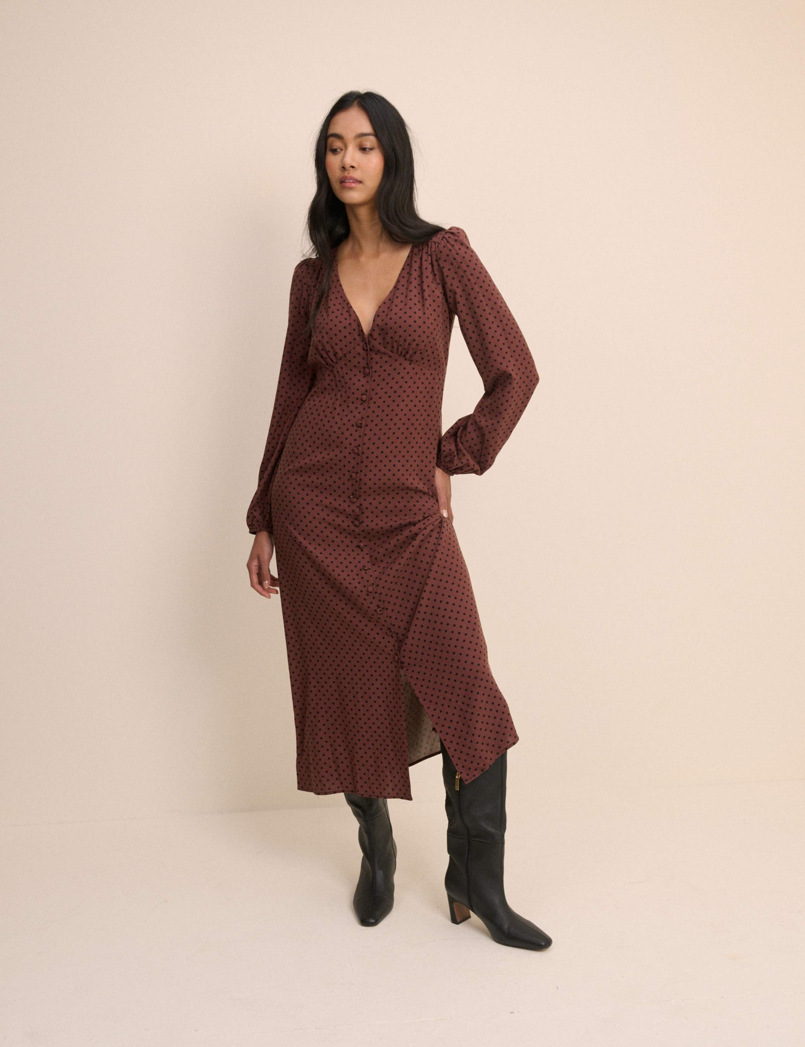 Polka Dot V-Neck Midi Dress 1 of 5