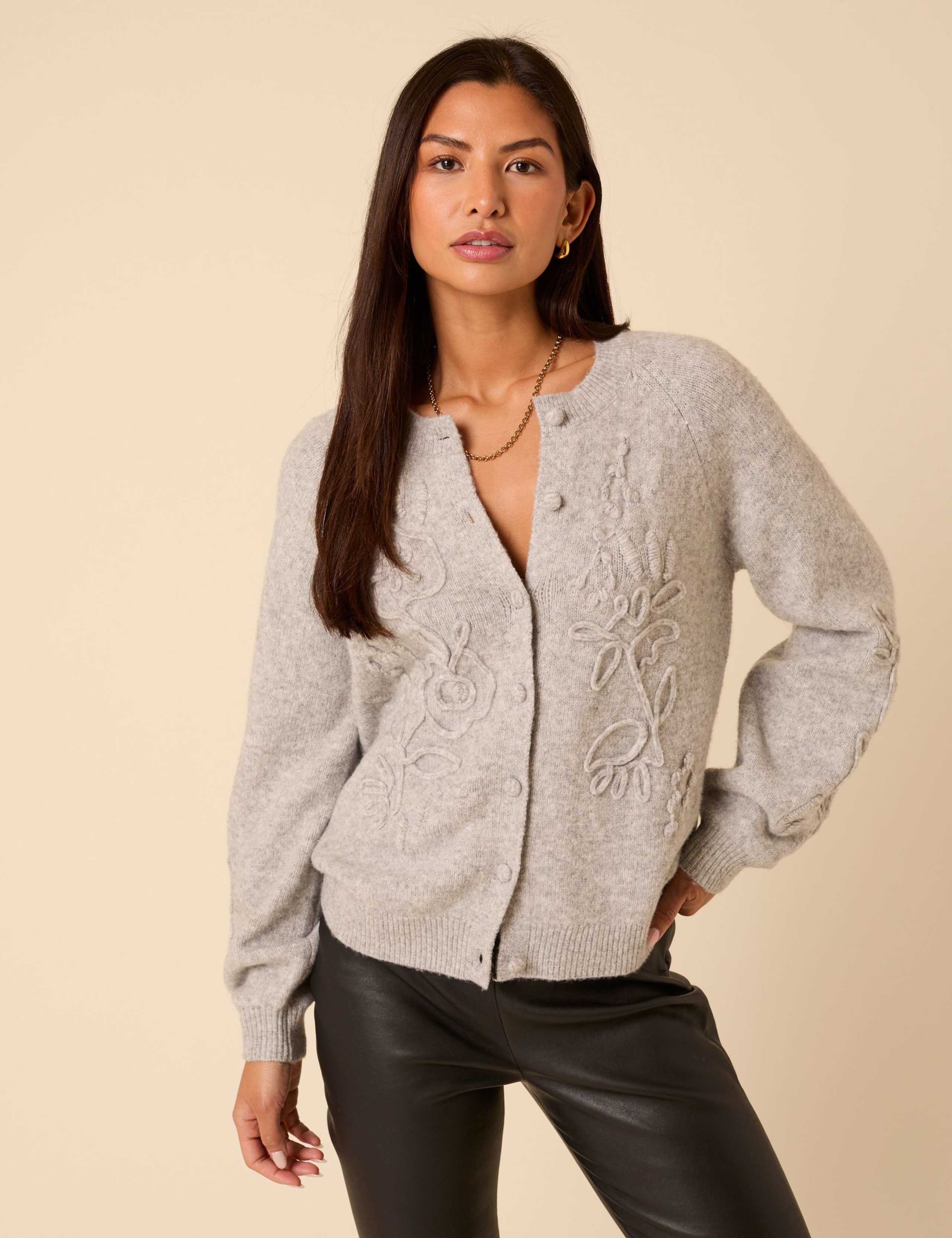 Embroidered Crew Neck Relaxed Cardigan 1 of 5