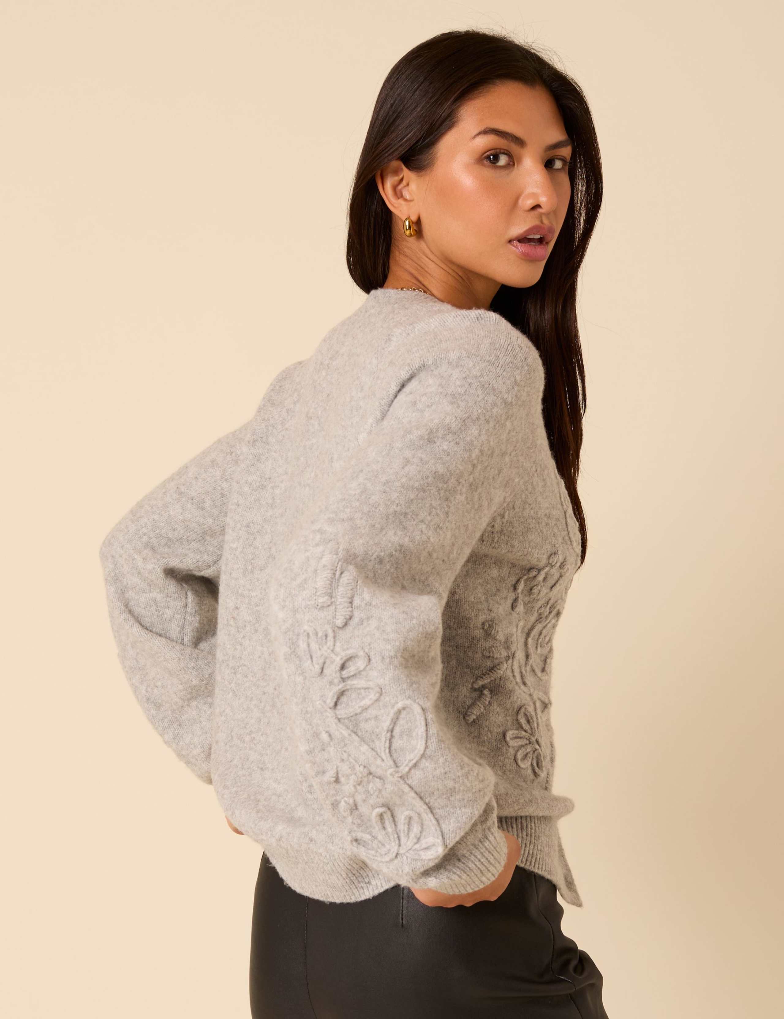 Embroidered Crew Neck Relaxed Cardigan 4 of 5