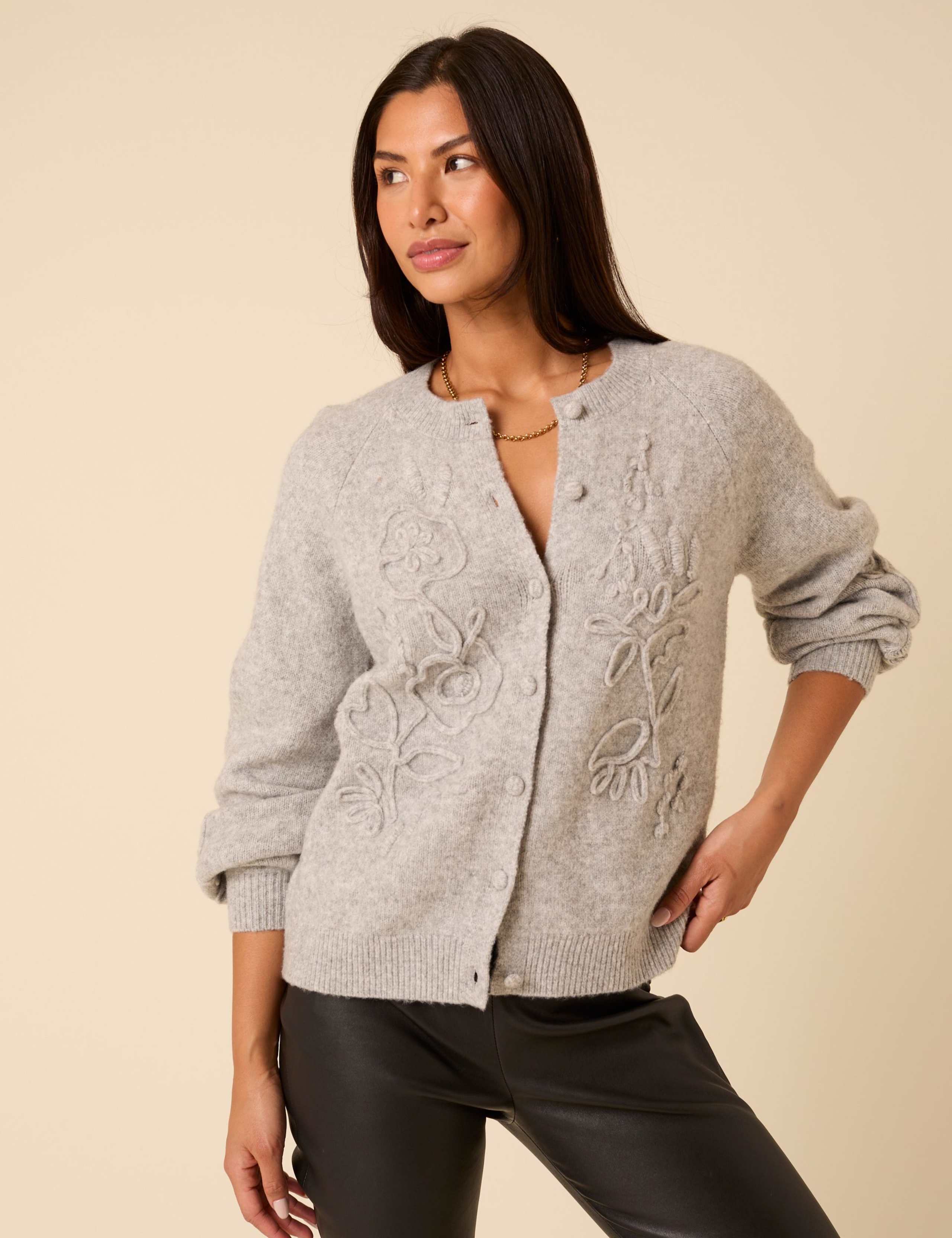 Embroidered Crew Neck Relaxed Cardigan 5 of 5