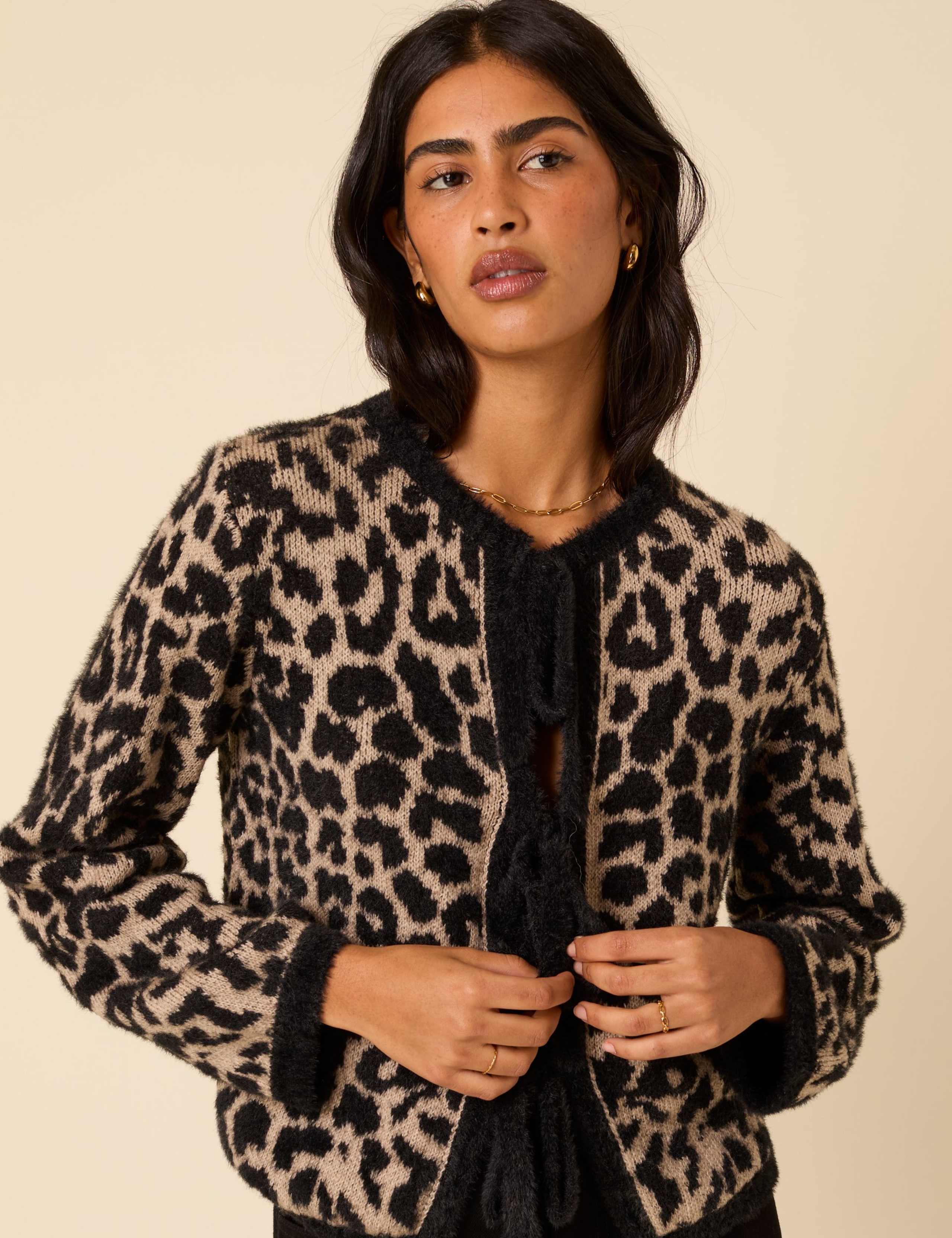 Leopard Print Jacquard Tie Front Cardigan 1 of 5