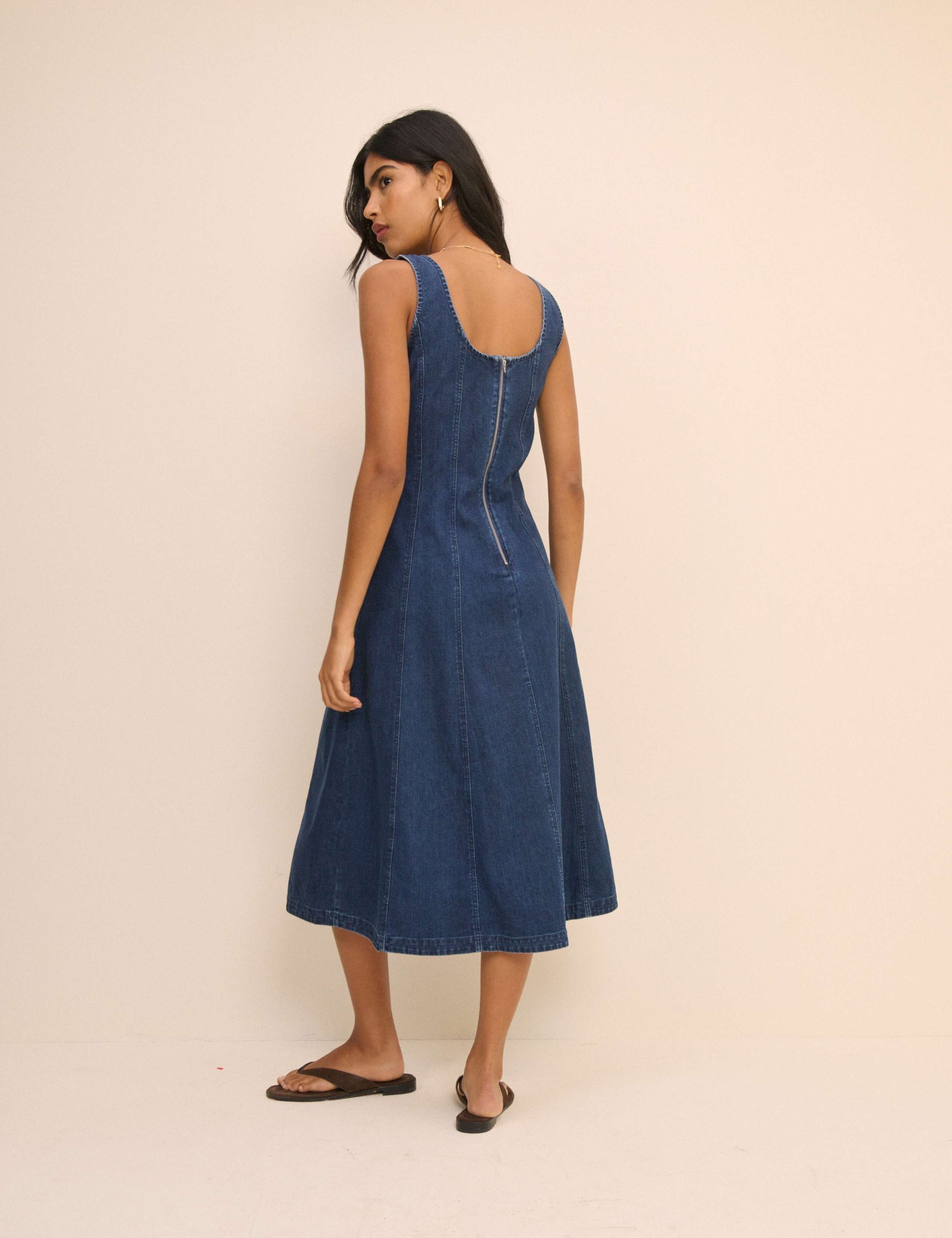 Denim Scoop Neck Midi Waisted Dress 2 of 5