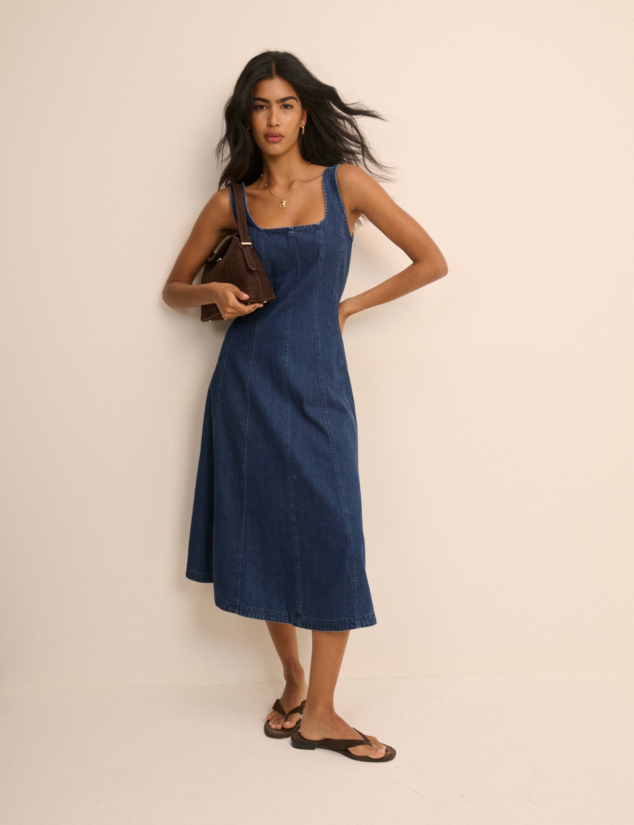 Denim Scoop Neck Midi Waisted Dress 3 of 5