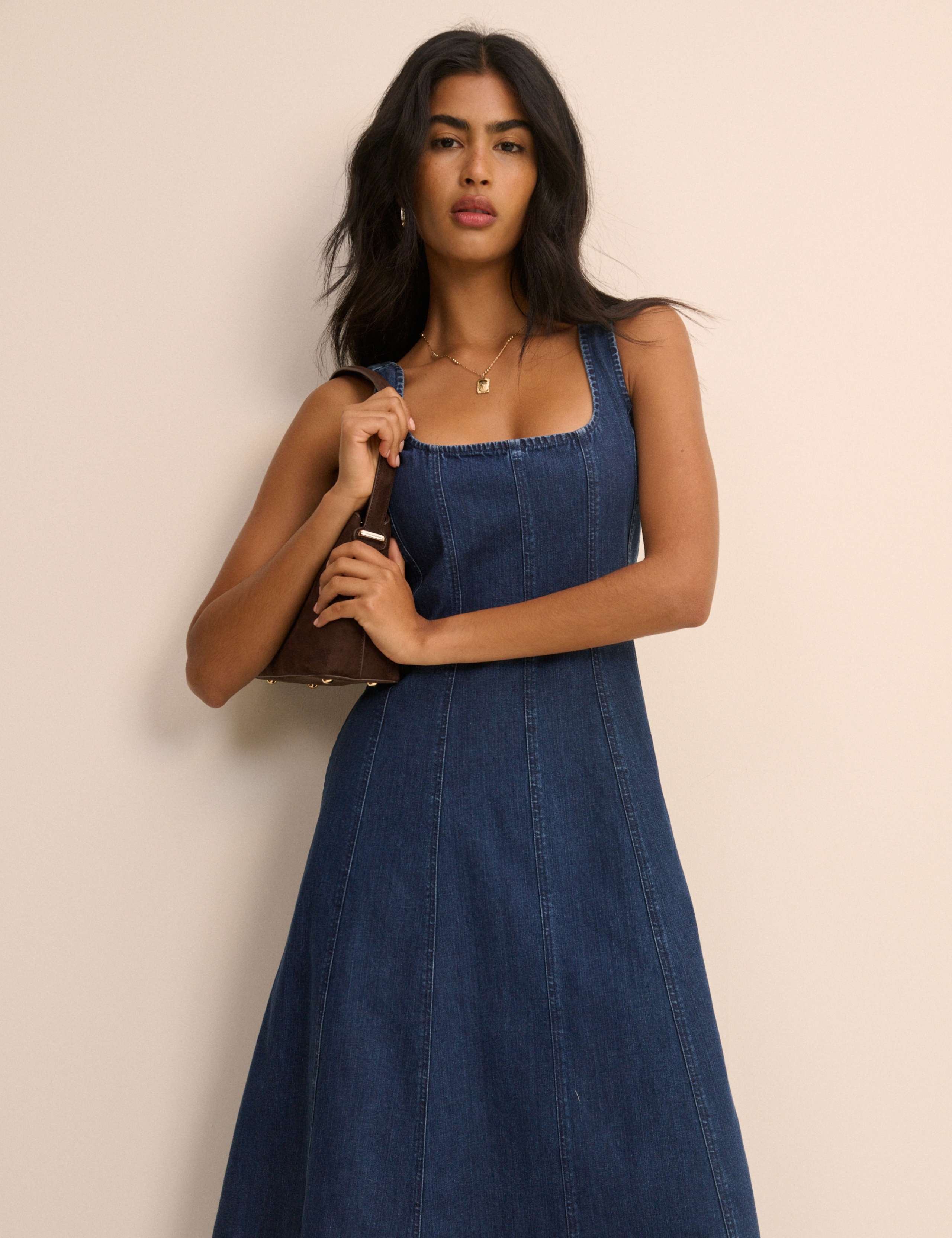 Denim Scoop Neck Midi Waisted Dress 5 of 5
