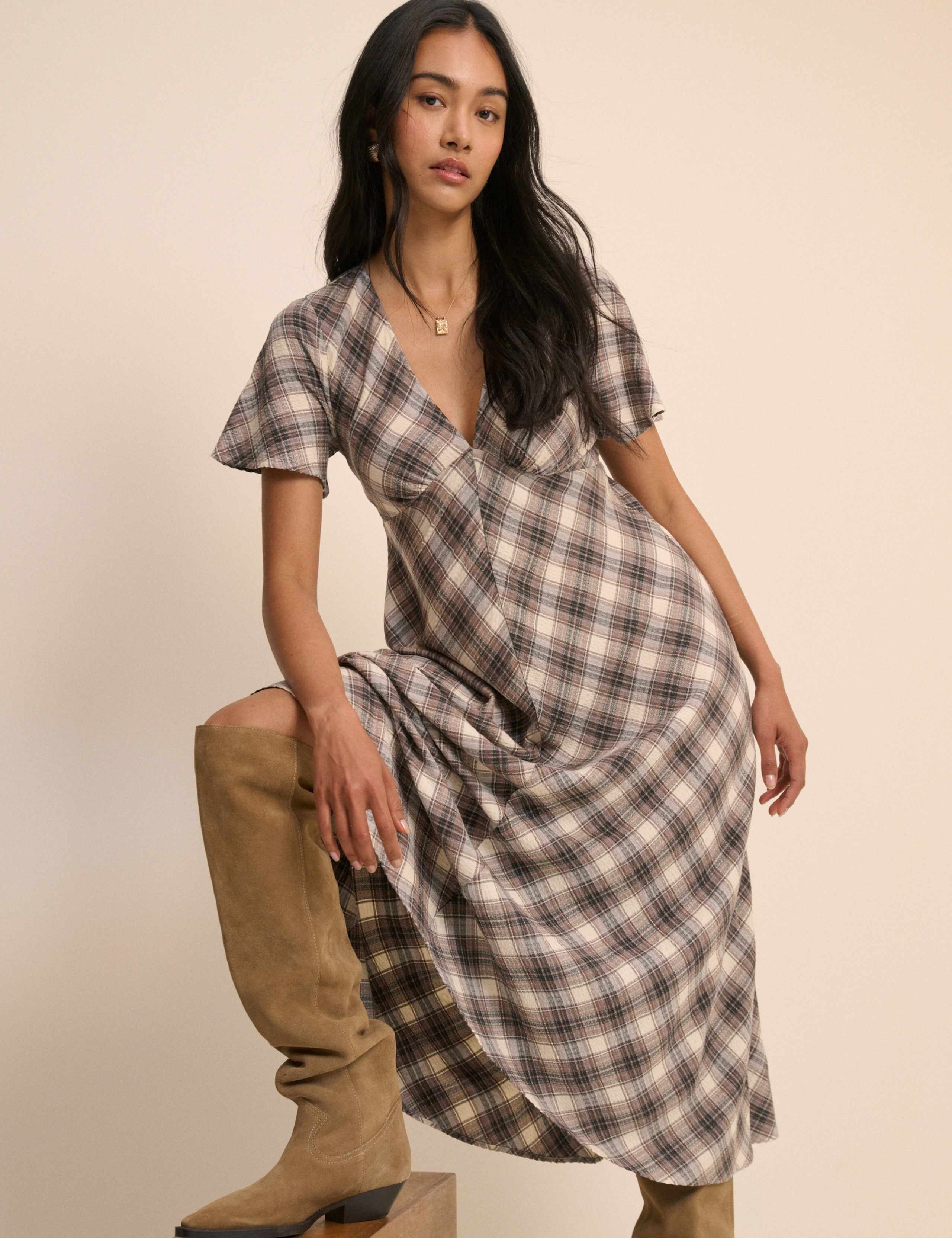 Checked V-Neck Midi Tea Dress 5 of 5