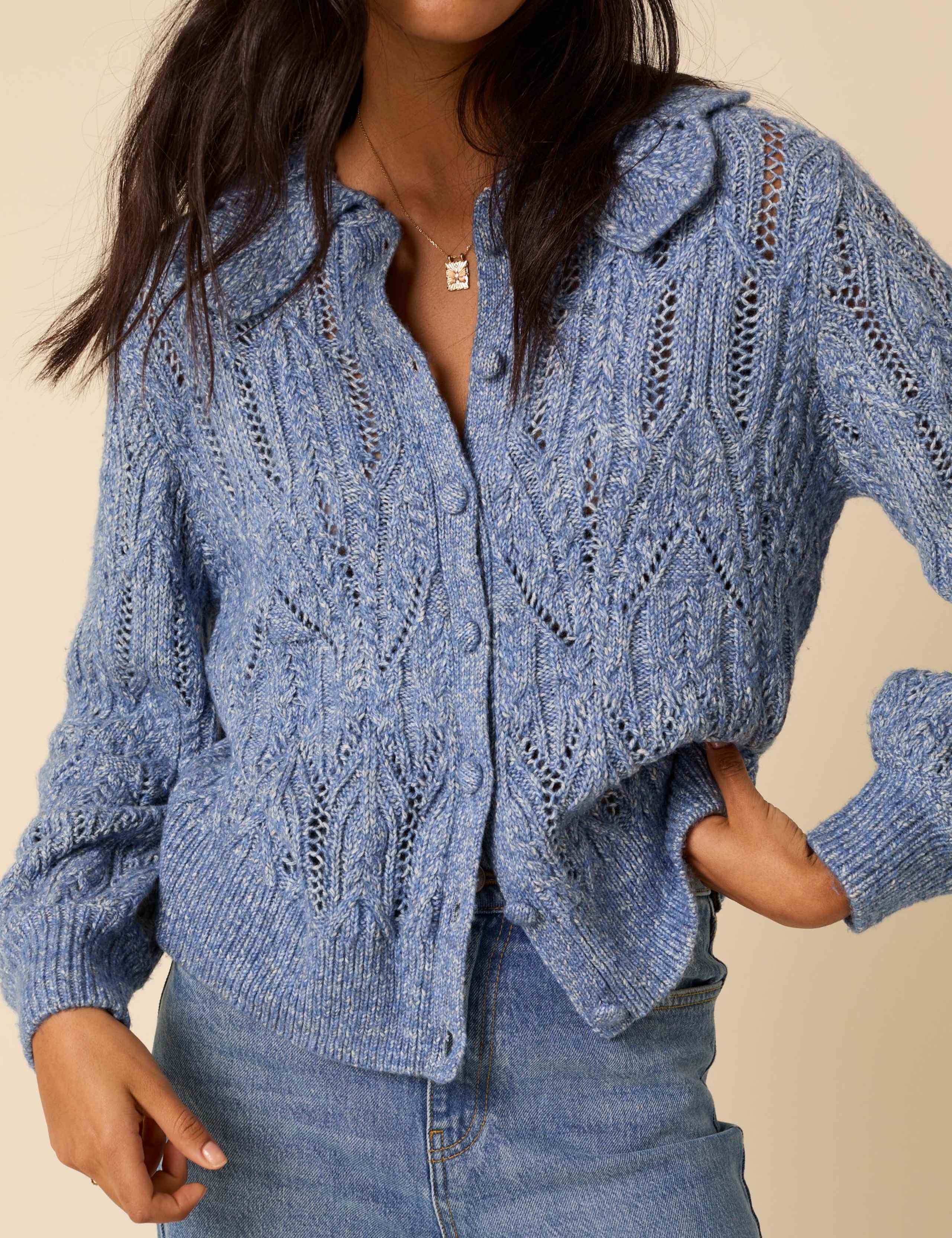 Cotton Rich Pointelle Collared Cardigan 5 of 5