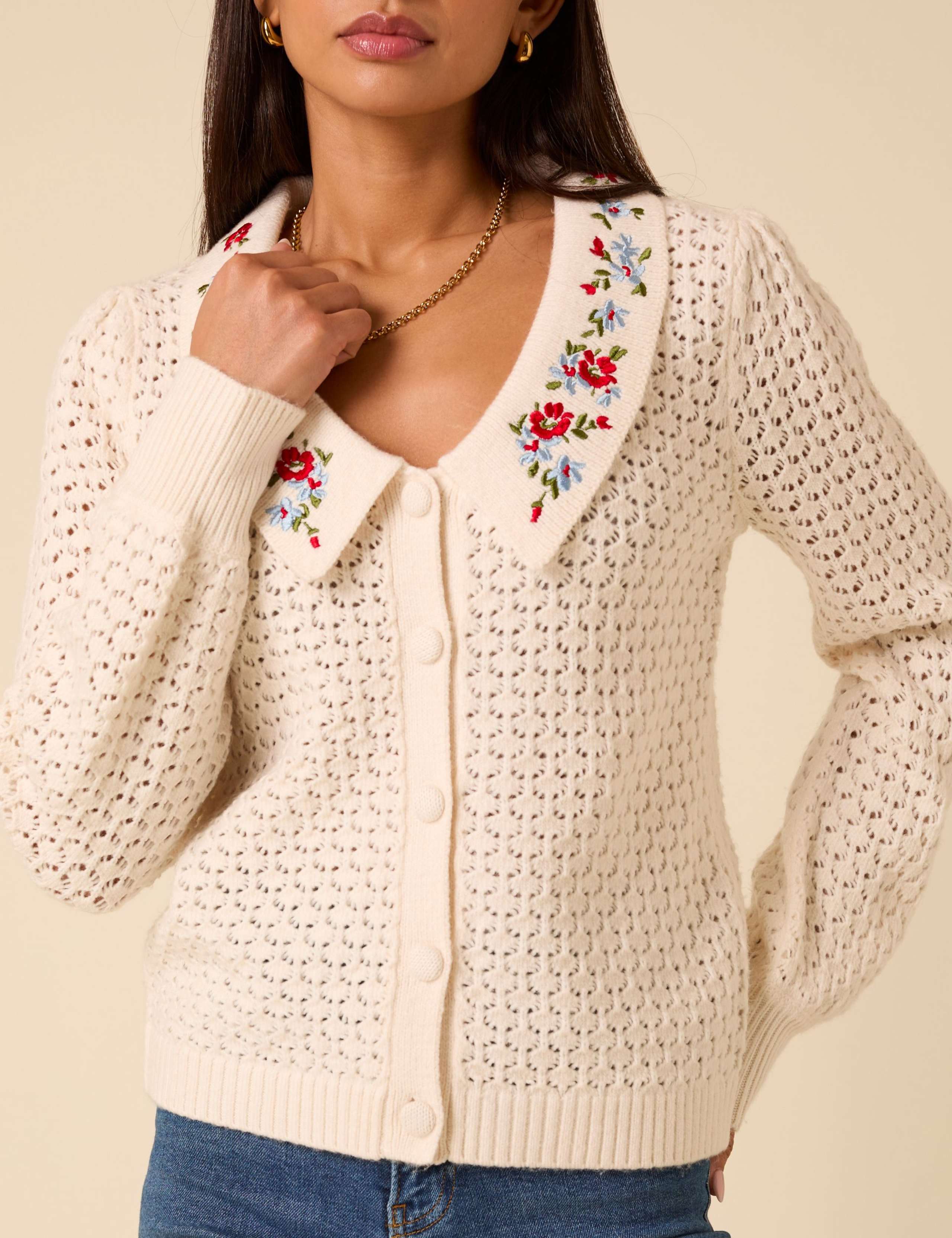 Pointelle Embroidered Collared Cardigan 4 of 5