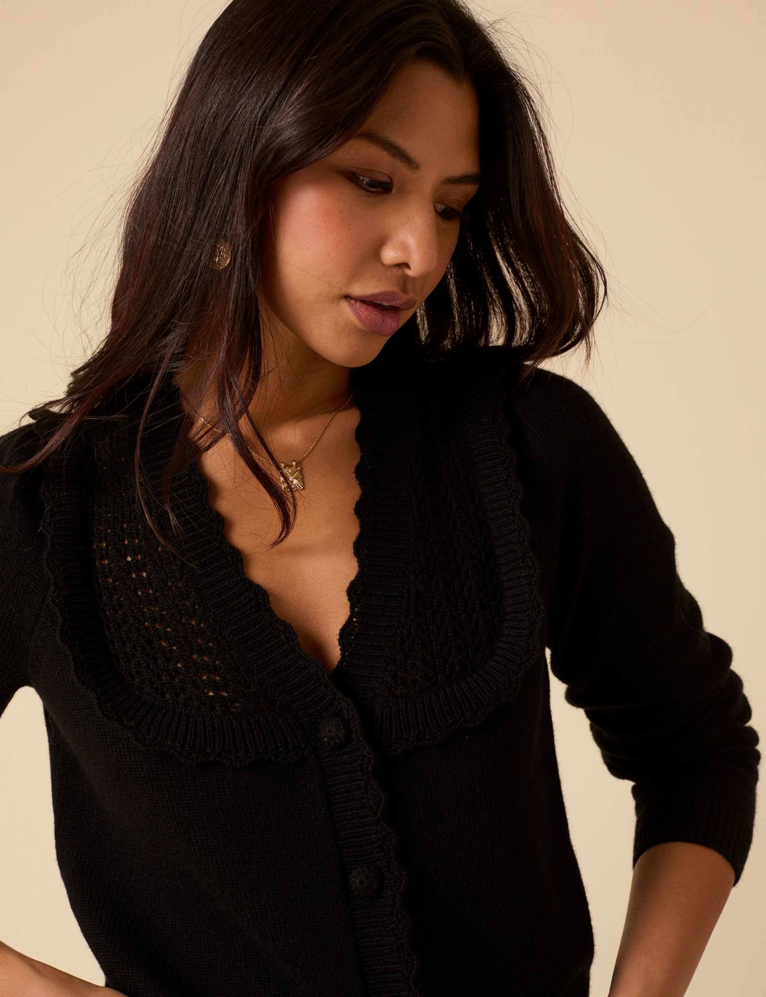 Wool Blend Pointelle Scallop Edge Cardigan 2 of 5