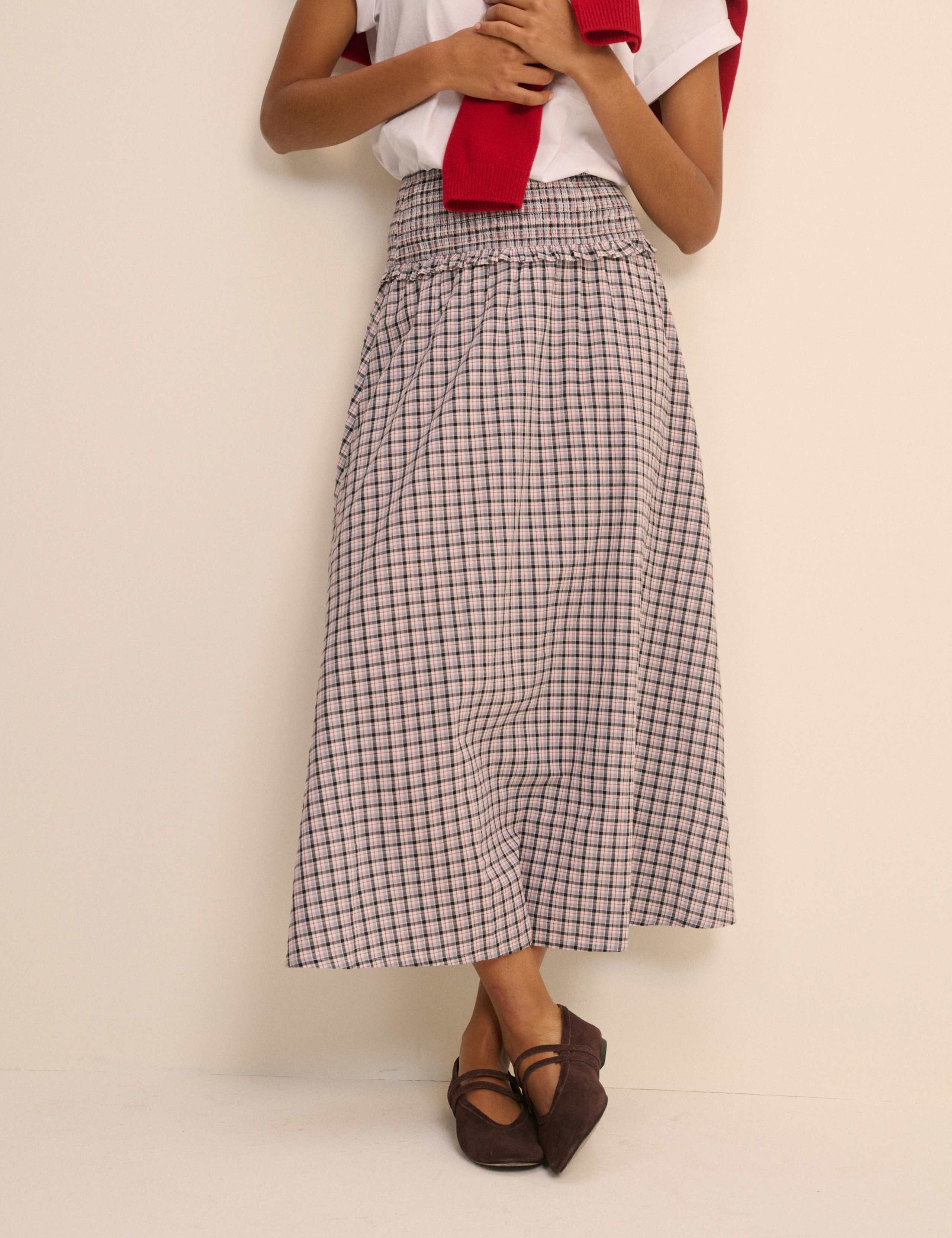 Pure Cotton Checked Midi Slip Skirt 4 of 5