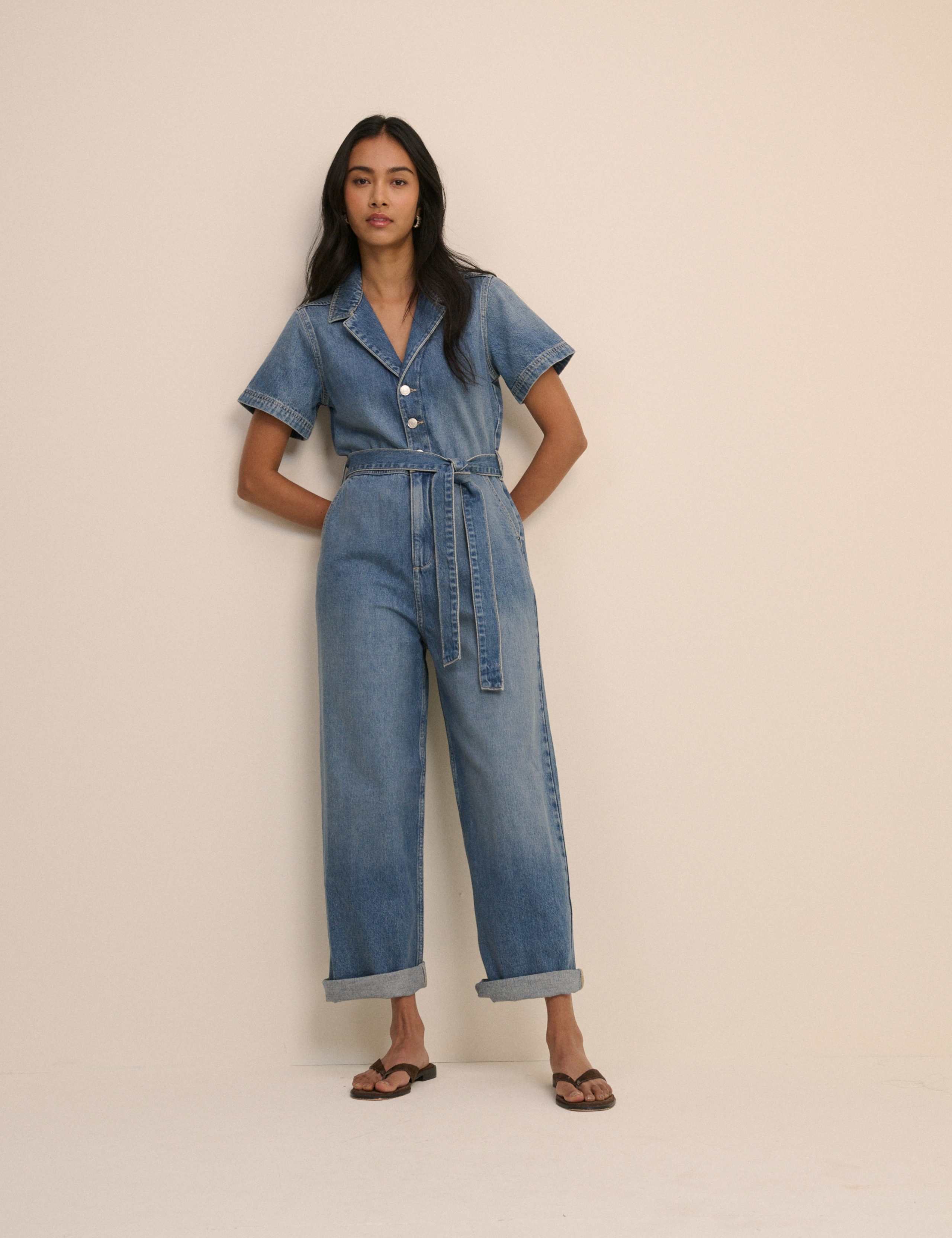 Denim Belted Wide Leg Jumpsuit 3 of 5
