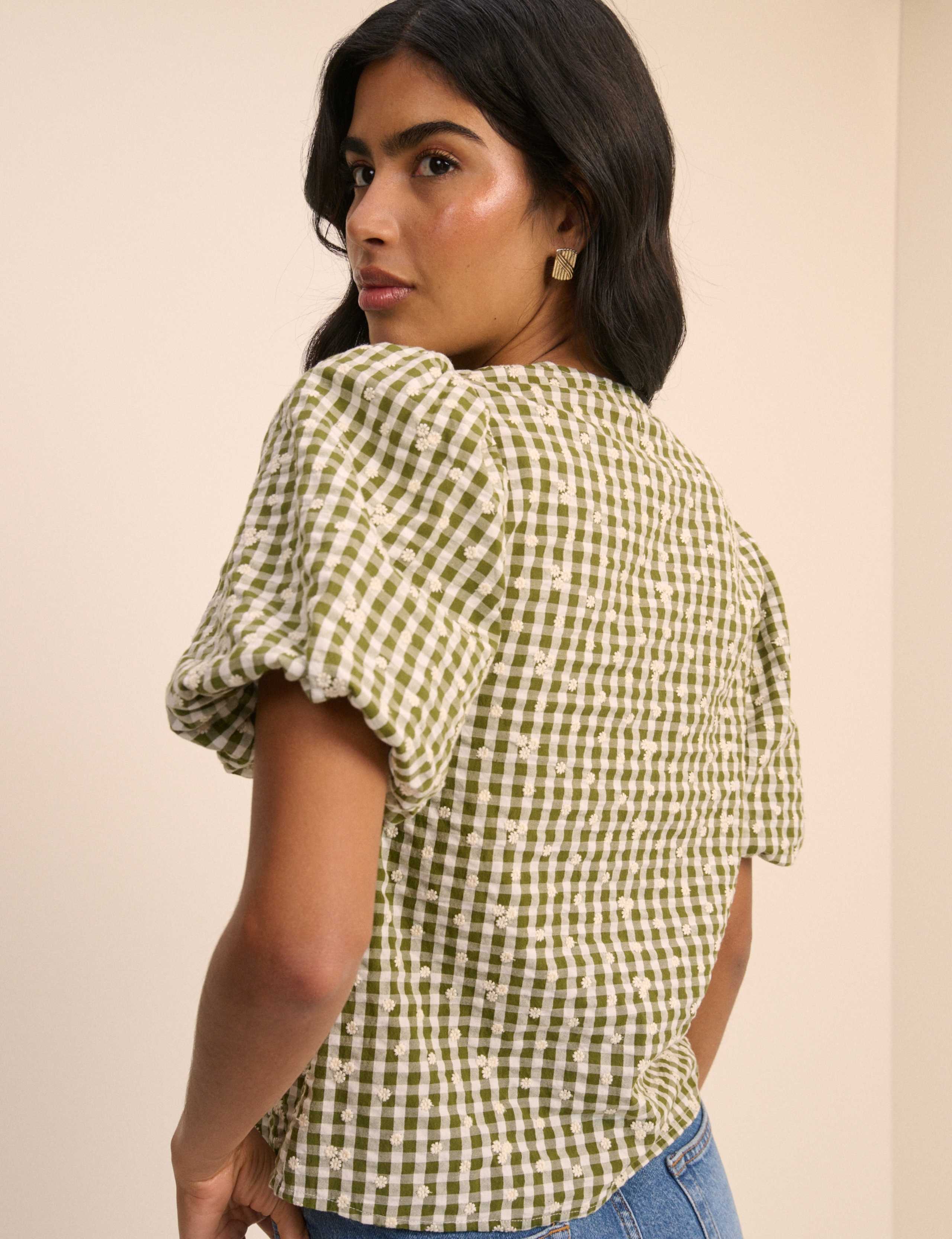 Pure Cotton Checked Embroidery V-Neck Blouse 2 of 5