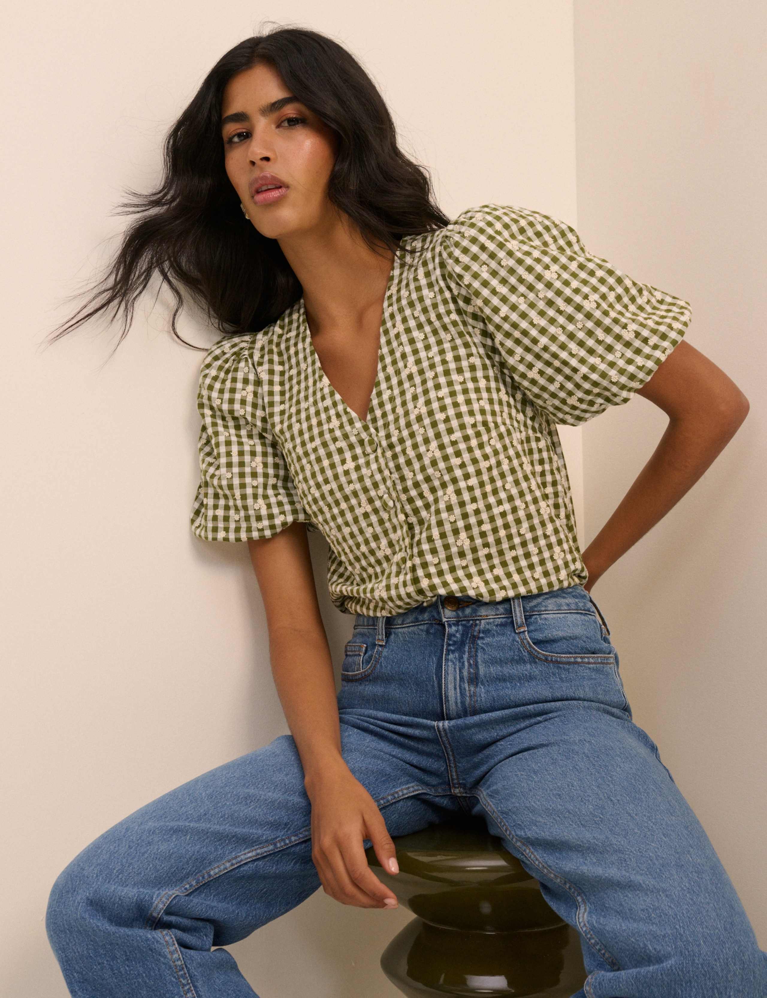 Pure Cotton Checked Embroidery V-Neck Blouse 3 of 5
