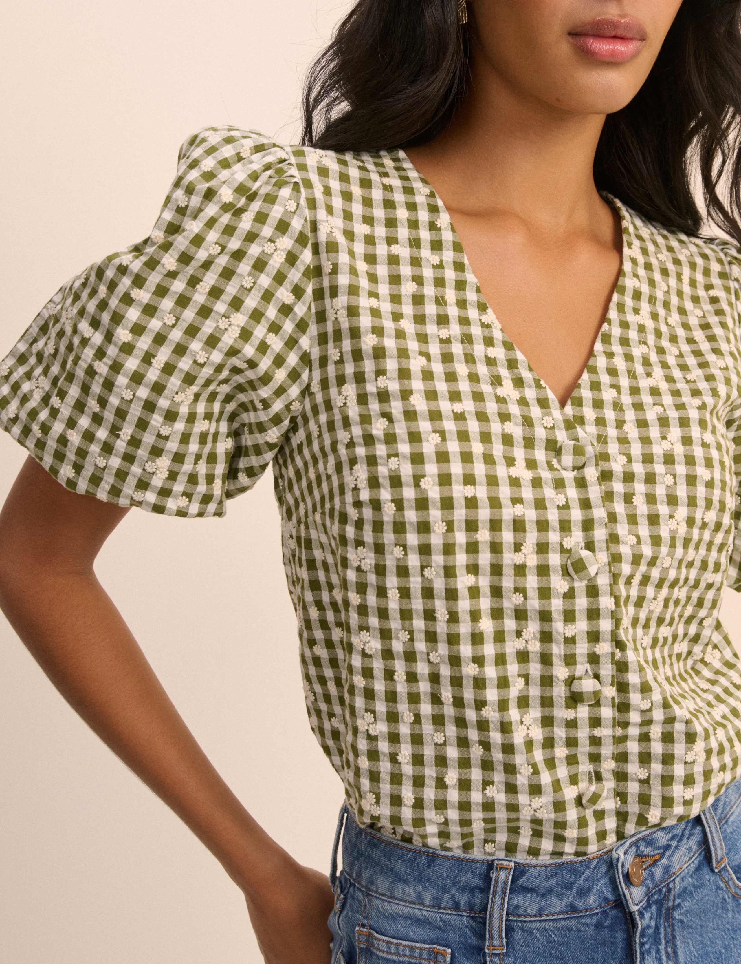 Pure Cotton Checked Embroidery V-Neck Blouse 4 of 5