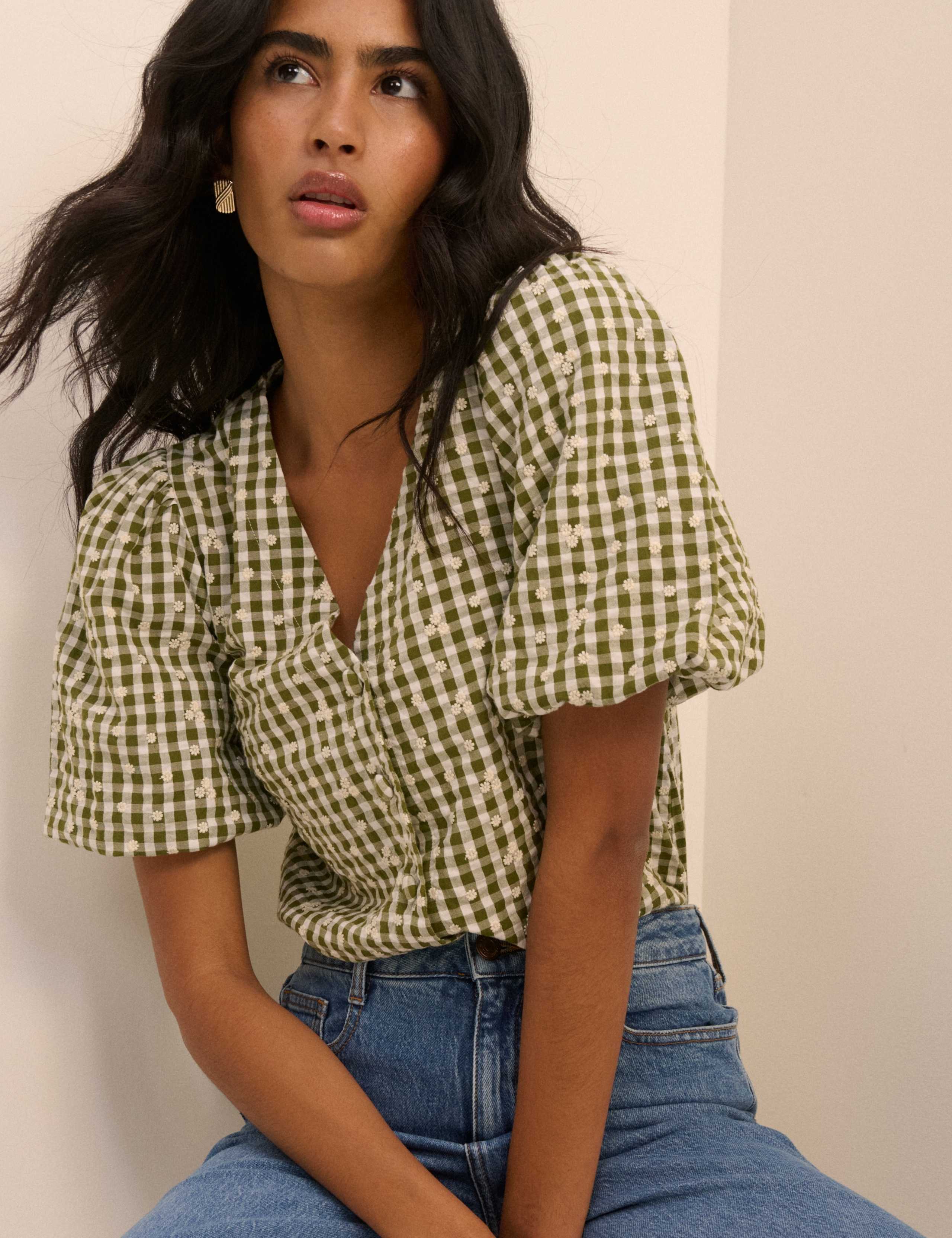 Pure Cotton Checked Embroidery V-Neck Blouse 5 of 5