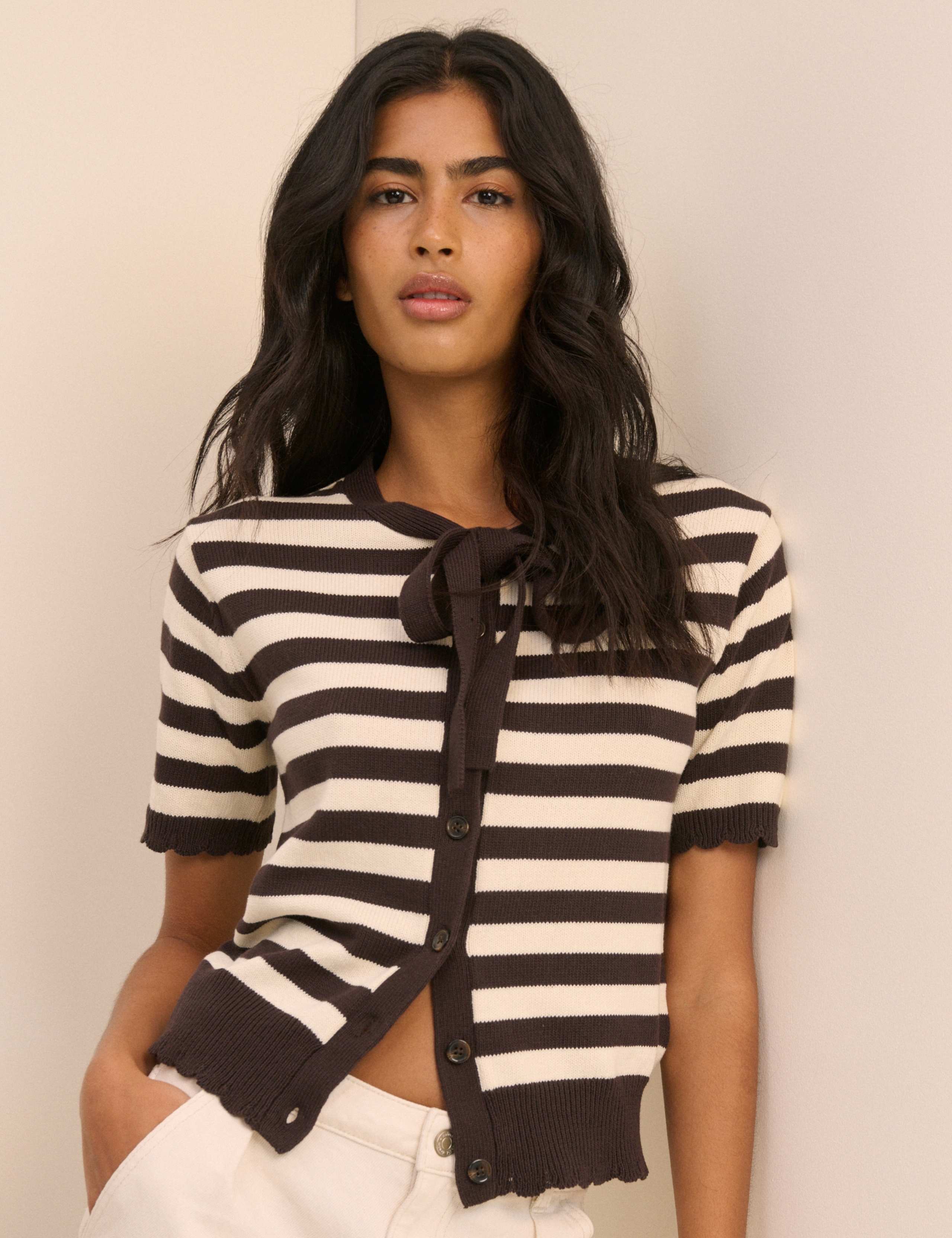 Pure Cotton Striped Tie Neck Cardigan 6 of 6