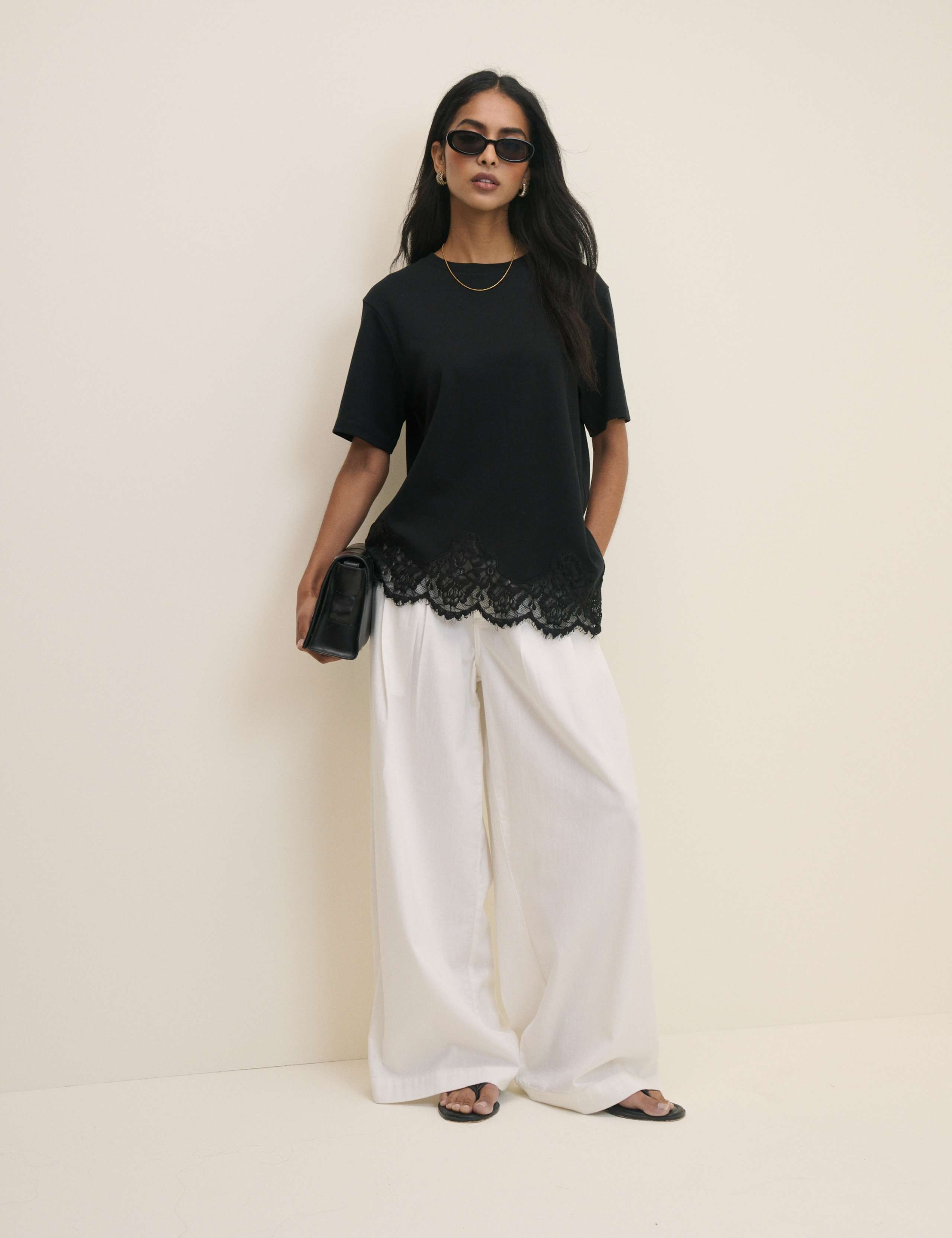 Pure Cotton Asymmetric Lace Hem T-Shirt 5 of 5