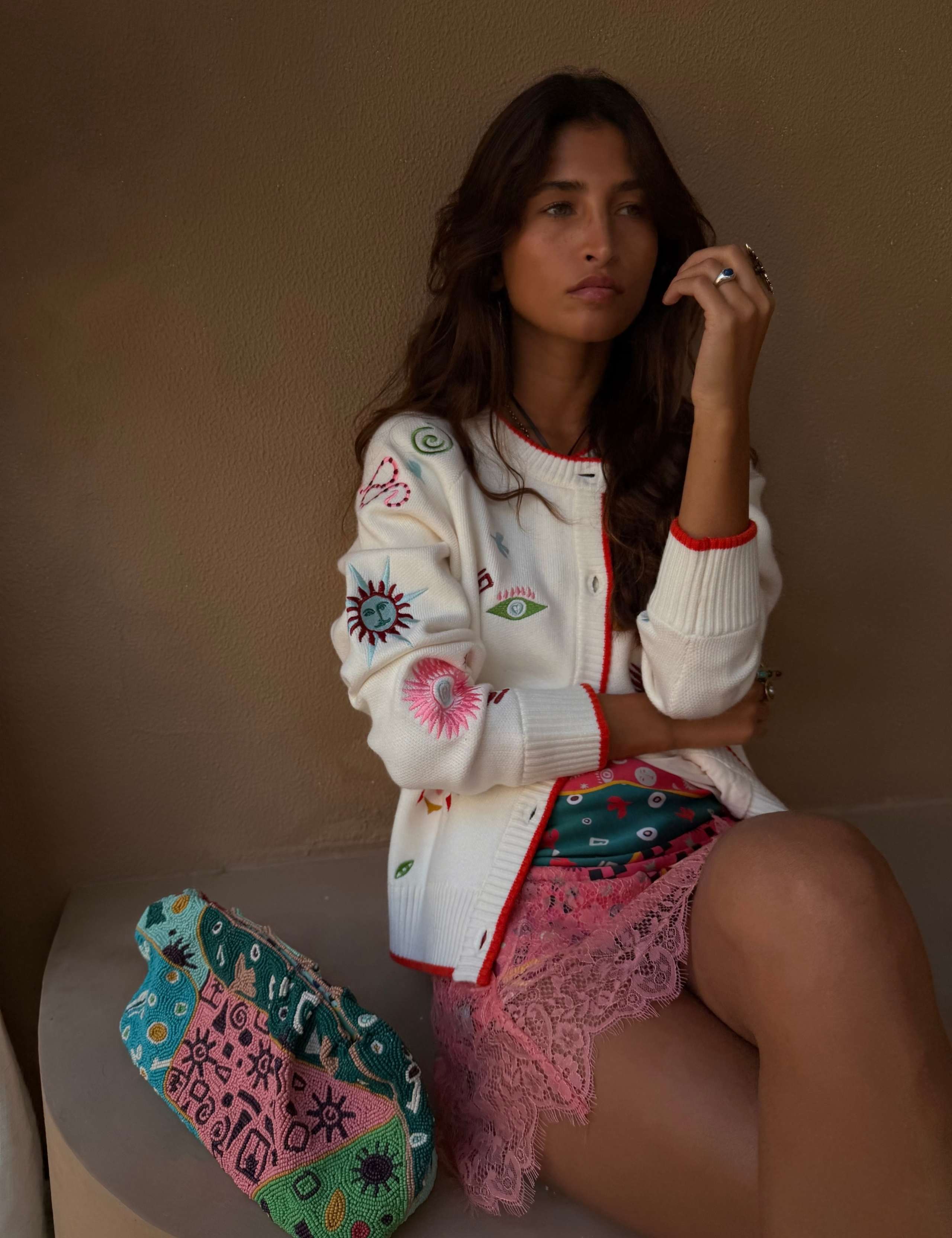 Embroidered Crew Neck Cardigan 1 of 4