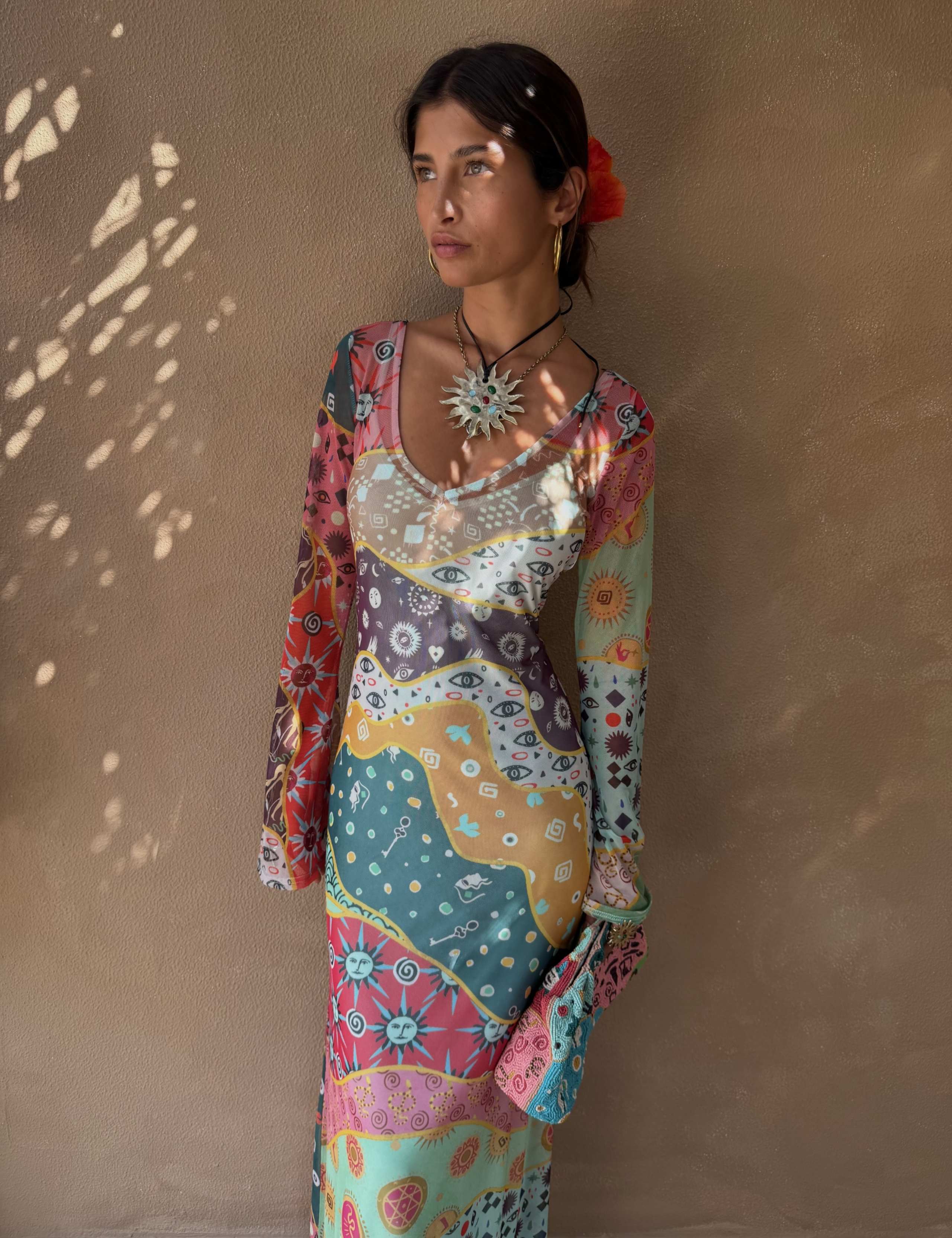 Mesh Printed V-Neck Neck Midaxi Column Dress 2 of 5