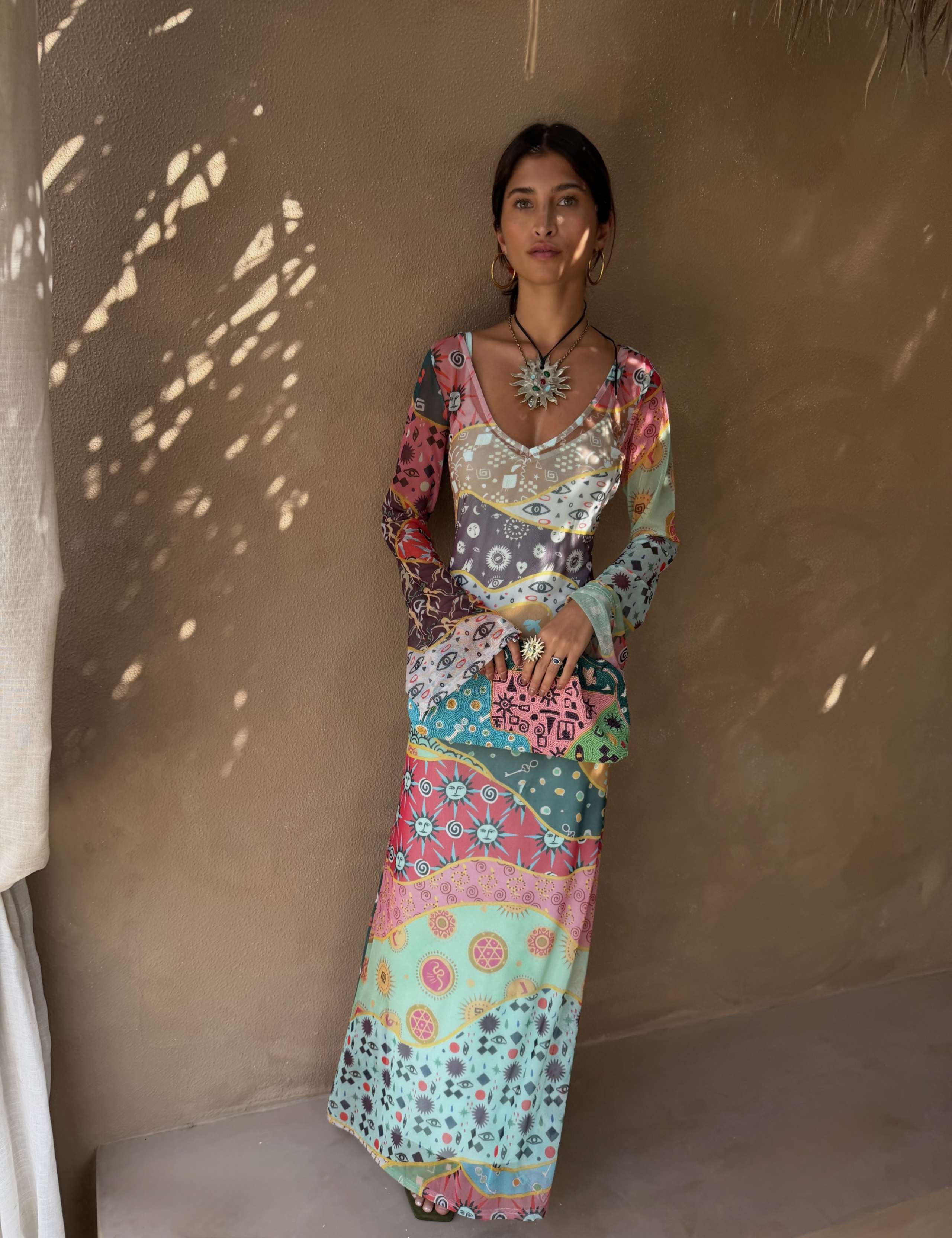 Mesh Printed V-Neck Neck Midaxi Column Dress 3 of 5