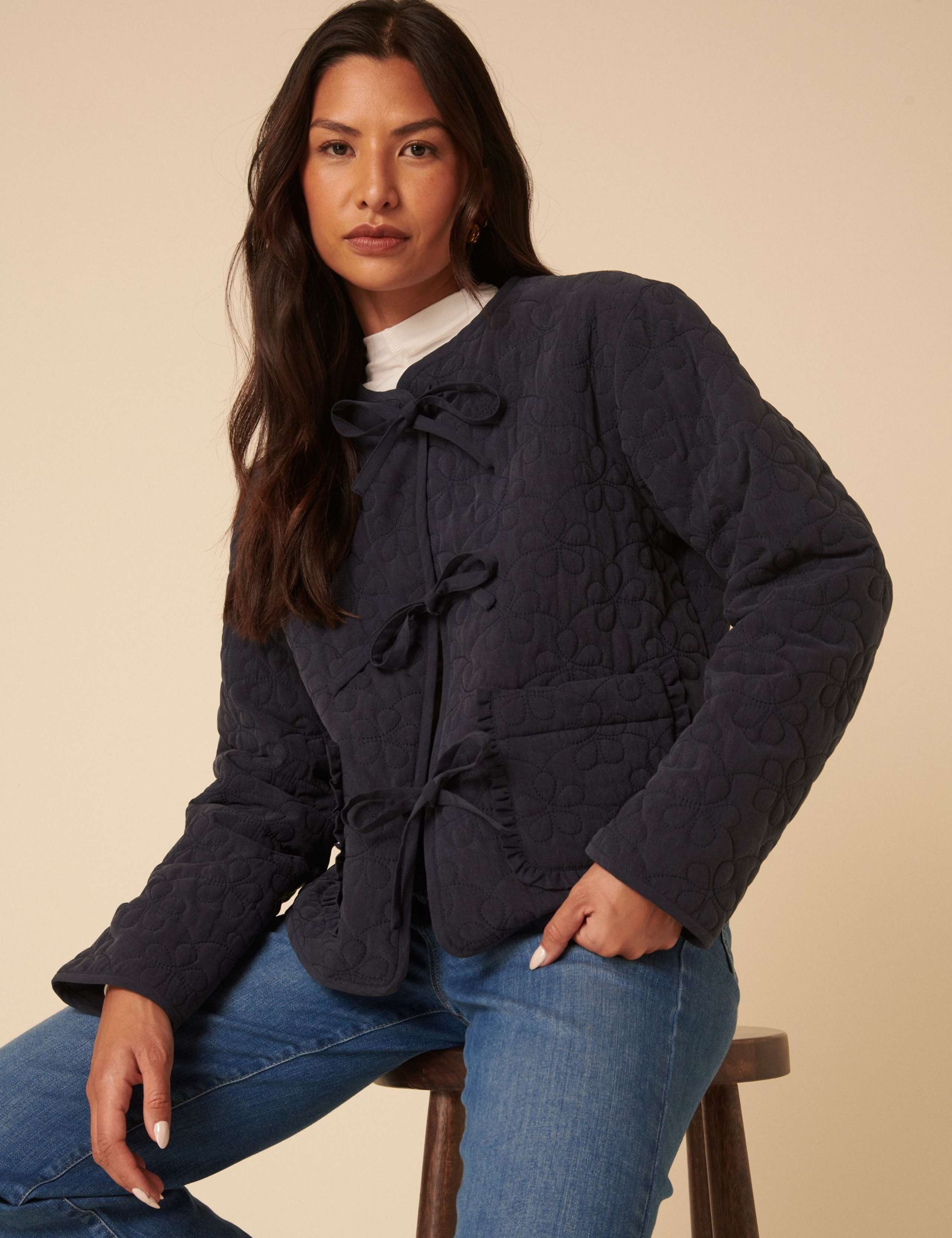 Pure Lyocell Tie Front Quilted Bomber Jacket 4 of 5