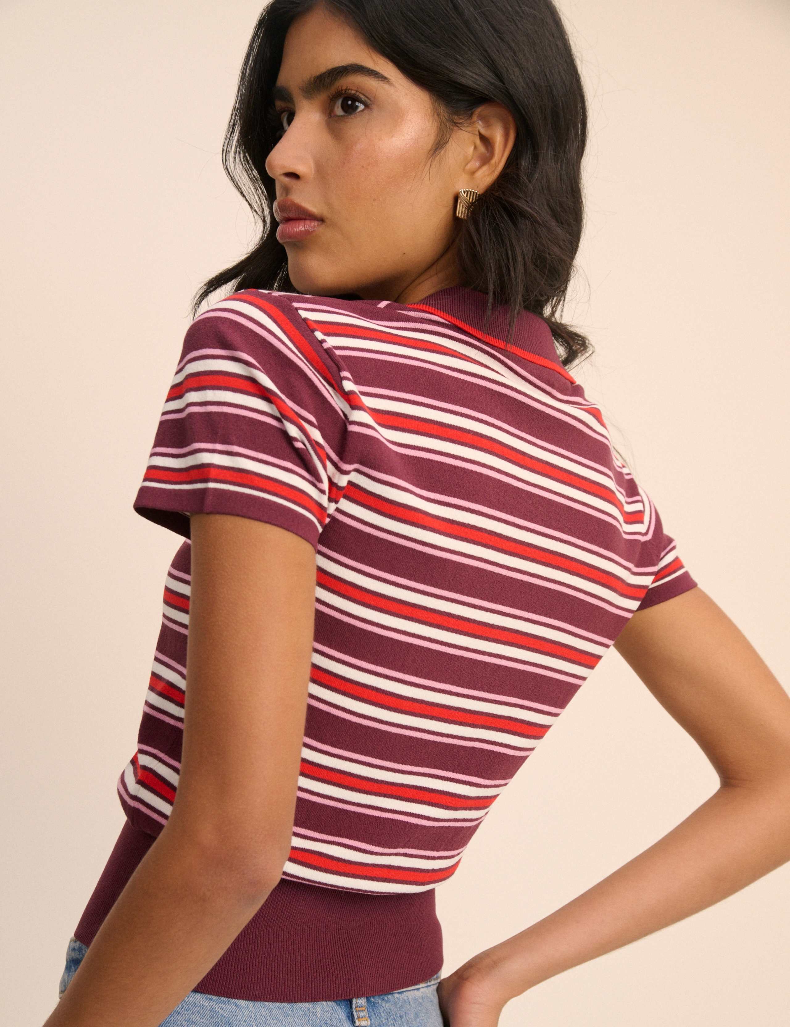 Striped Polo Neck Waisted Knitted Top 2 of 5