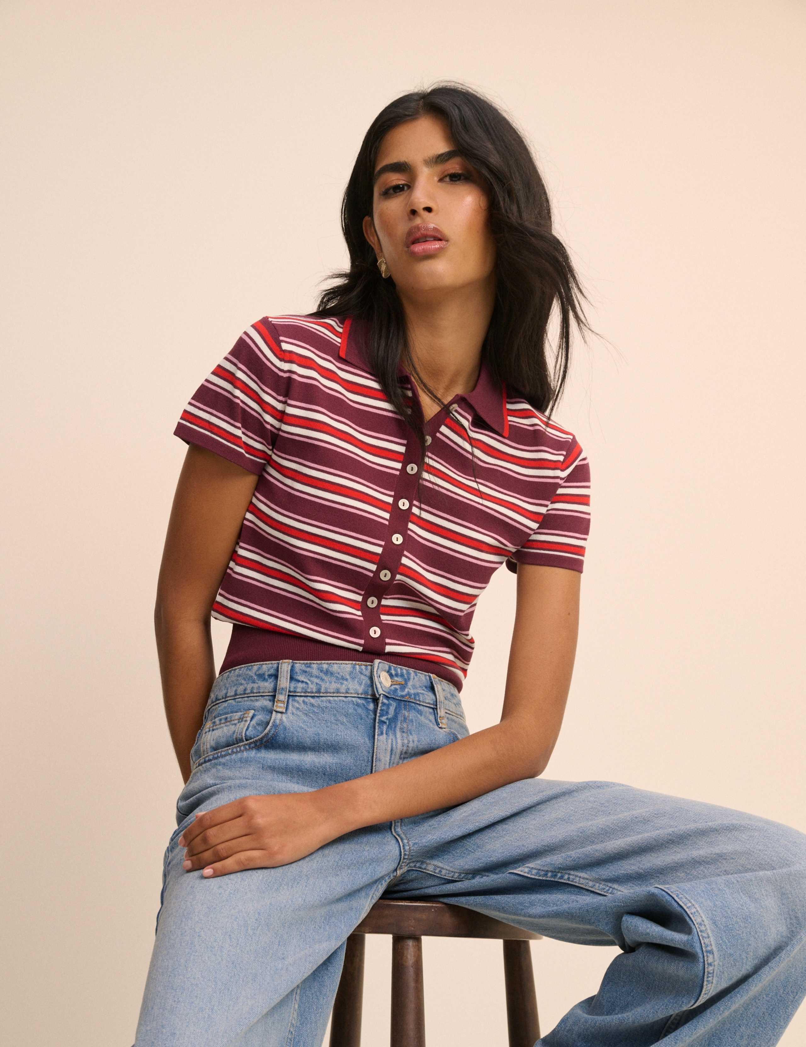 Striped Polo Neck Waisted Knitted Top 3 of 5