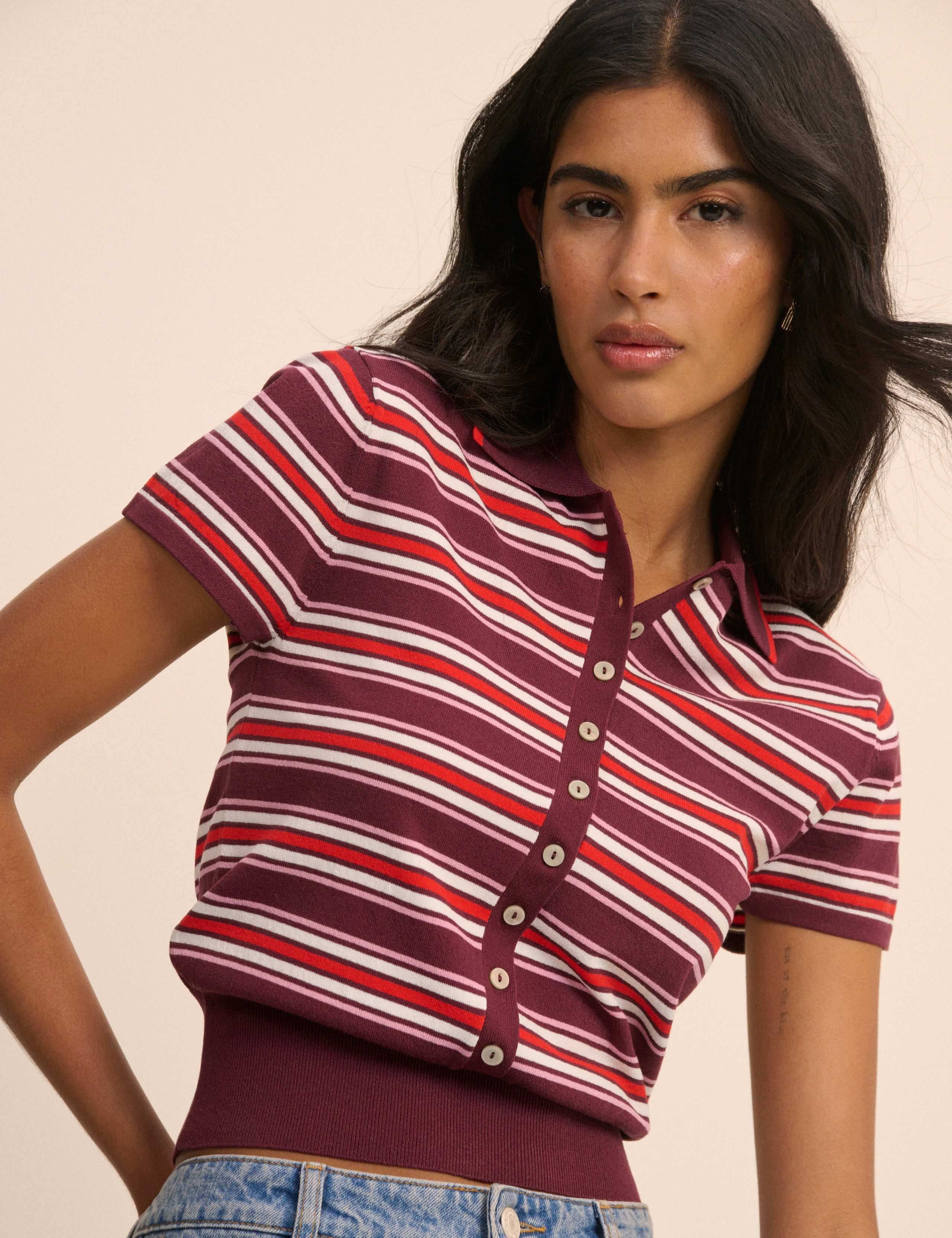 Striped Polo Neck Waisted Knitted Top 4 of 5
