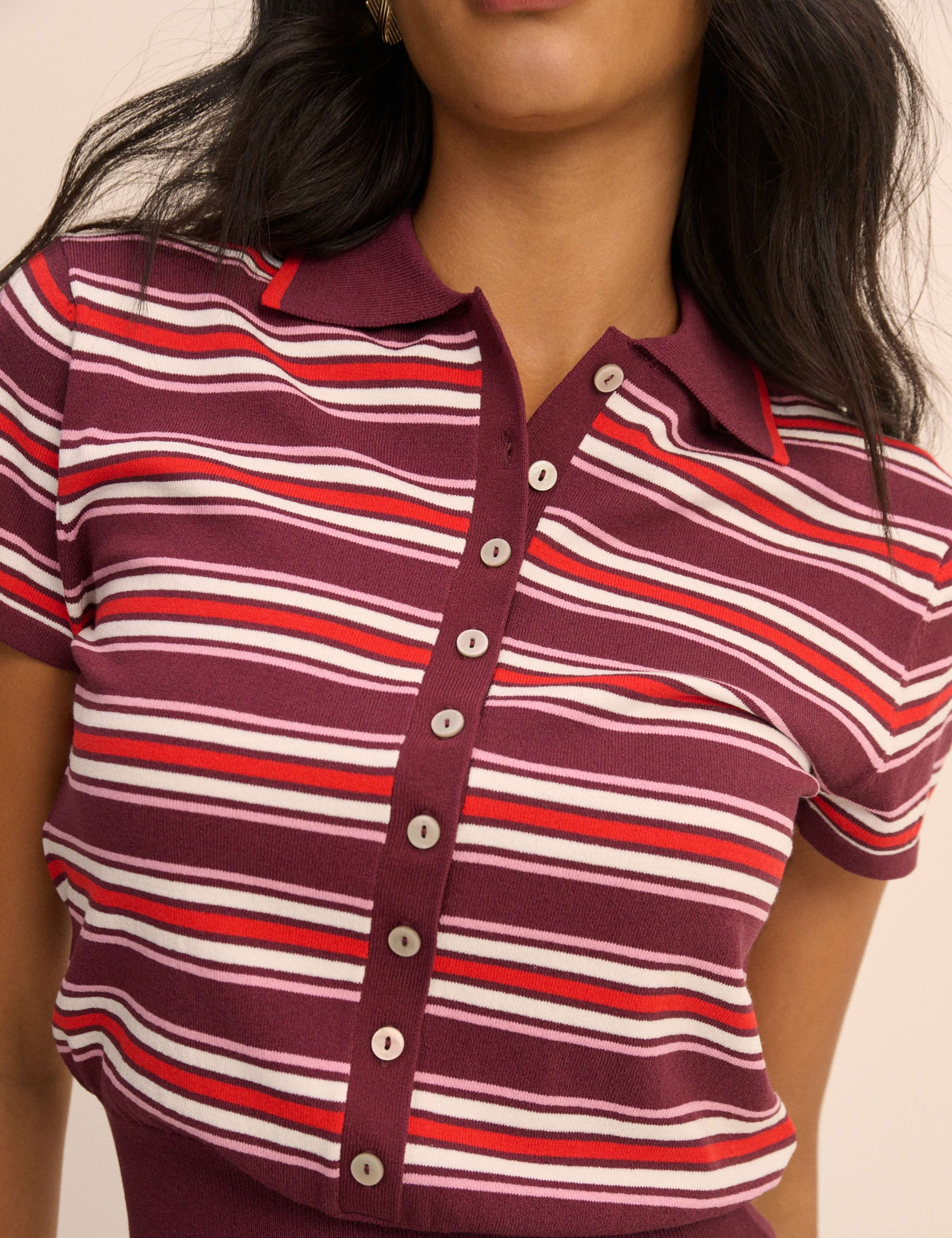 Striped Polo Neck Waisted Knitted Top 5 of 5