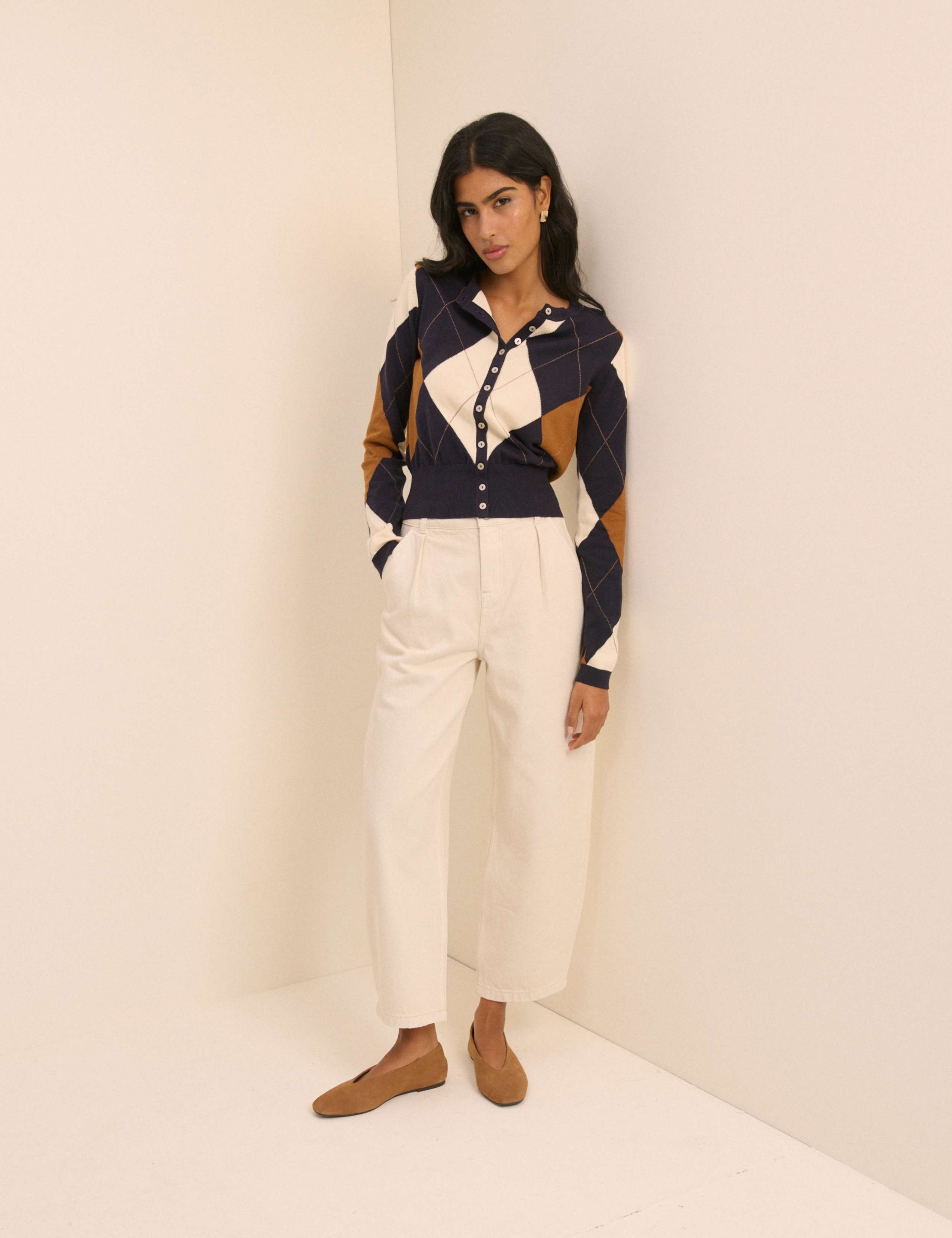 Pure Cotton Argyle Crew Neck Fitted Cardigan 3 of 5
