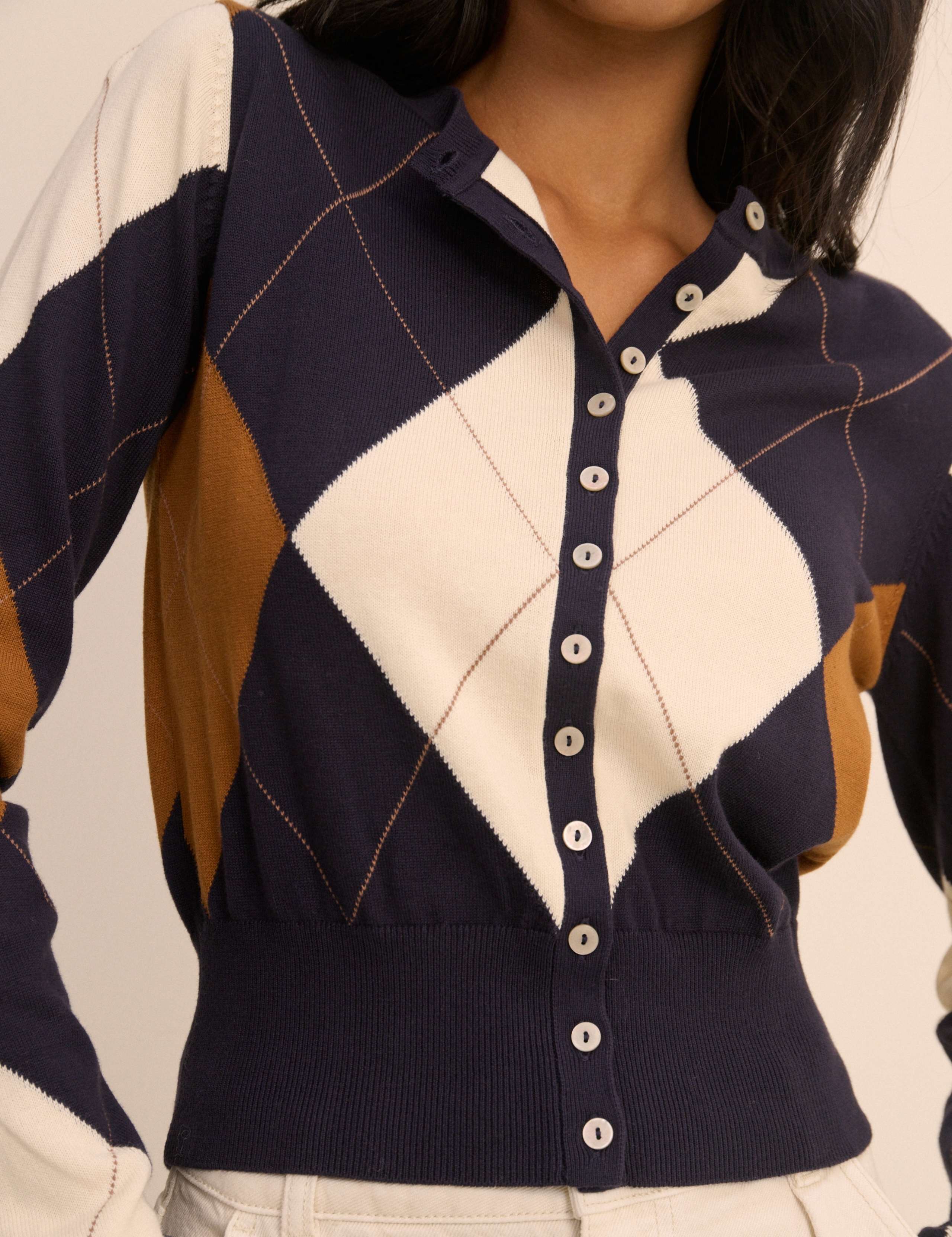 Pure Cotton Argyle Crew Neck Fitted Cardigan 4 of 5