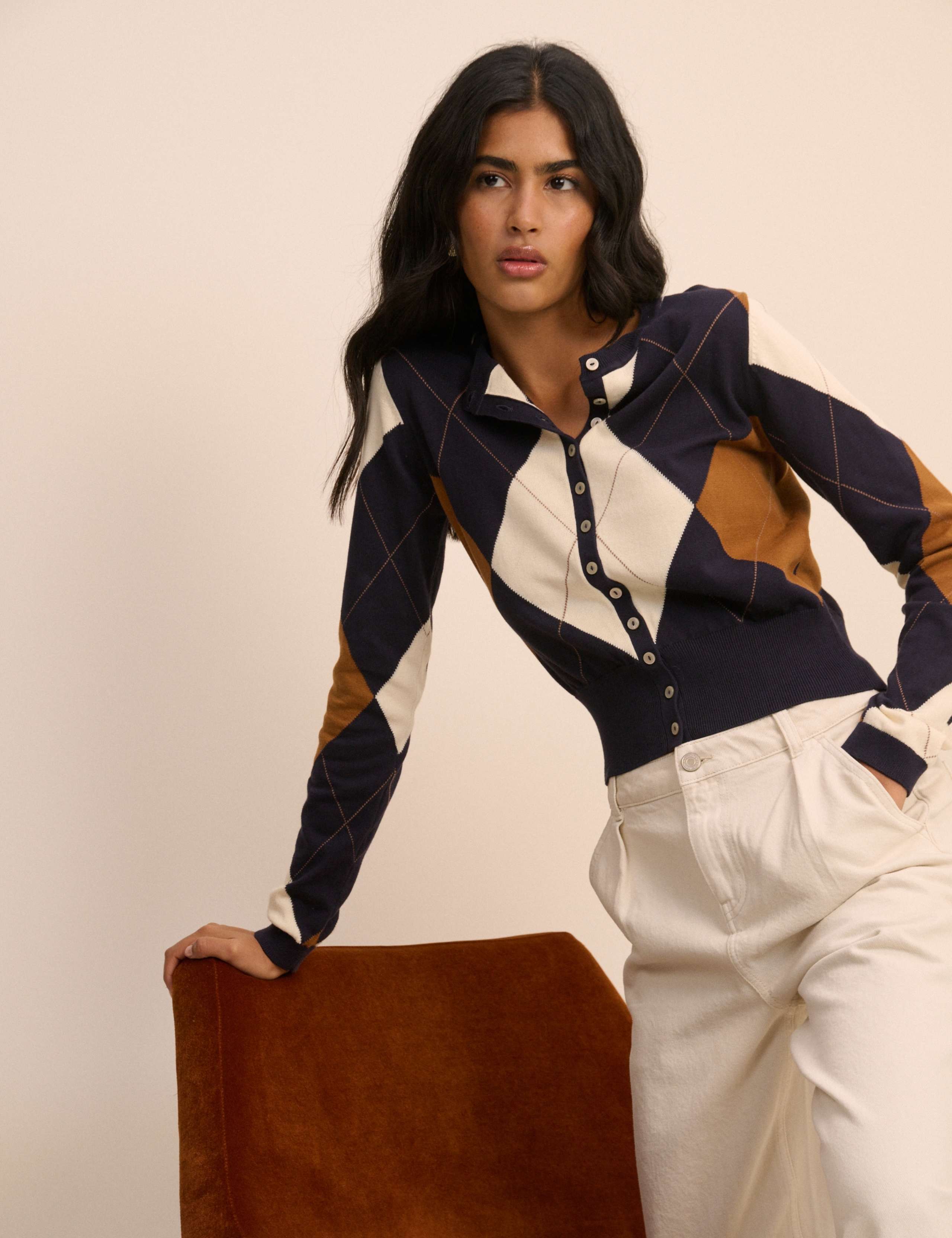Pure Cotton Argyle Crew Neck Fitted Cardigan 5 of 5