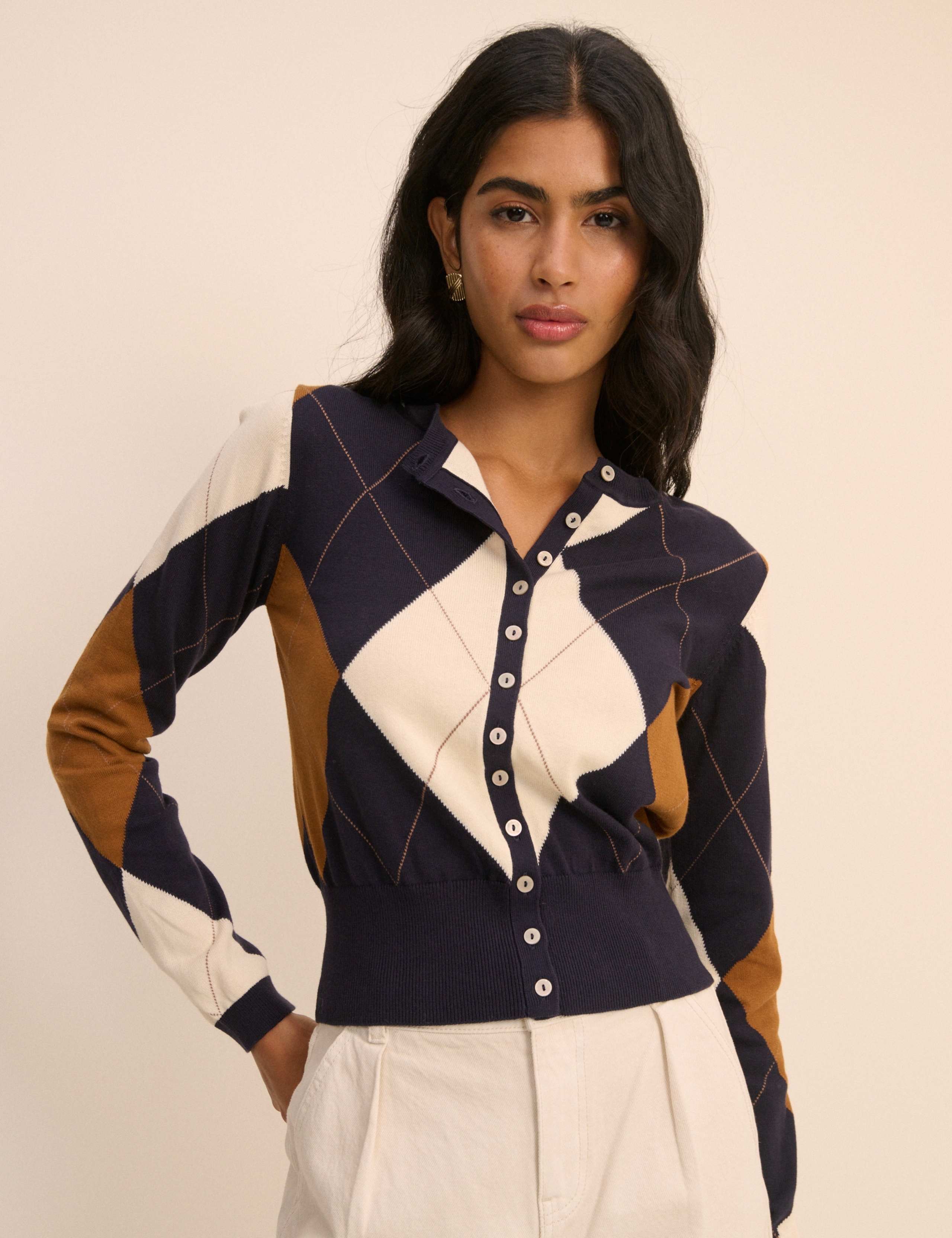 Pure Cotton Argyle Crew Neck Fitted Cardigan 6 of 6