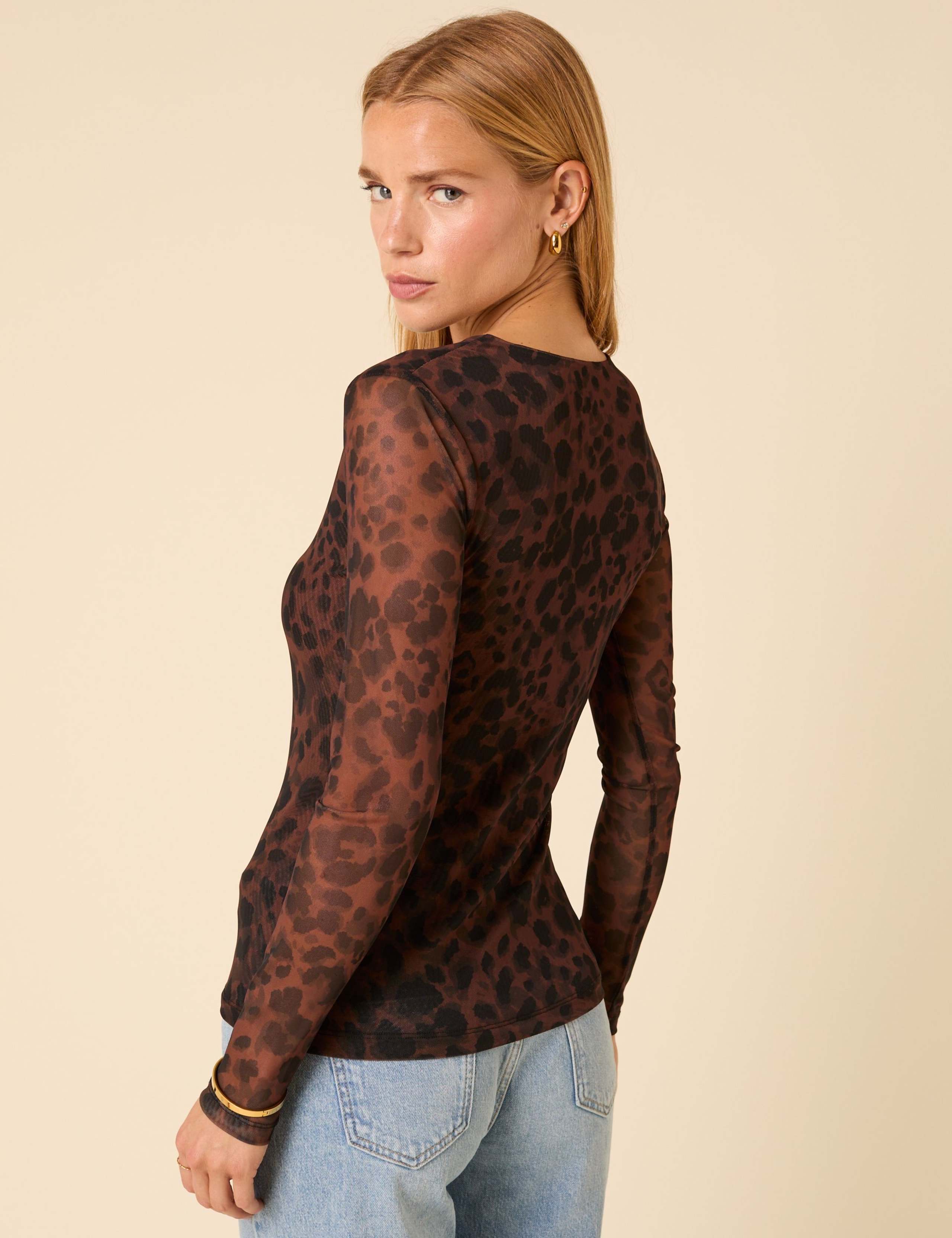 Leopard Print Long Sleeve Mesh Top 2 of 5