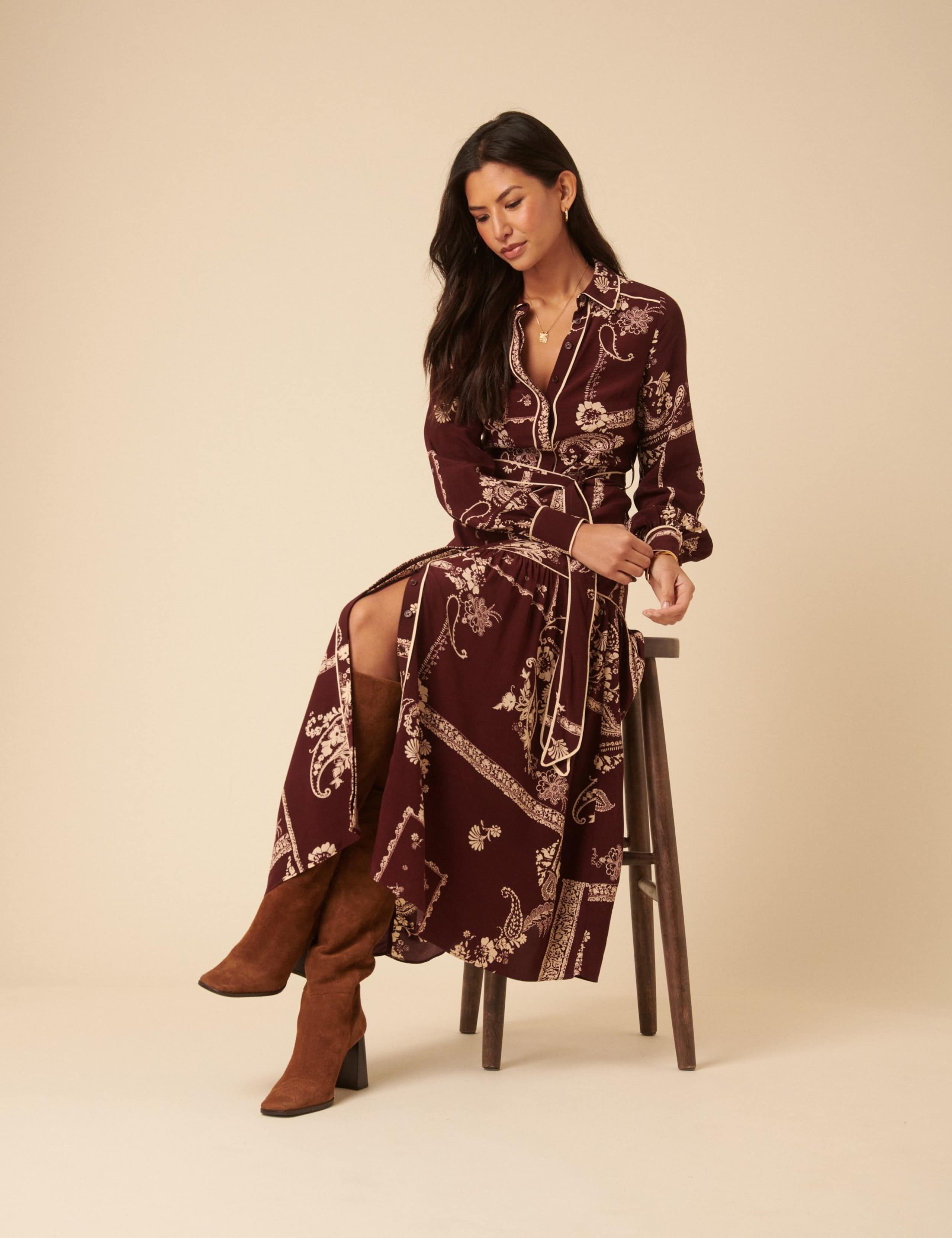 Floral Collared Belted Midi Shirt Dress 3 of 5