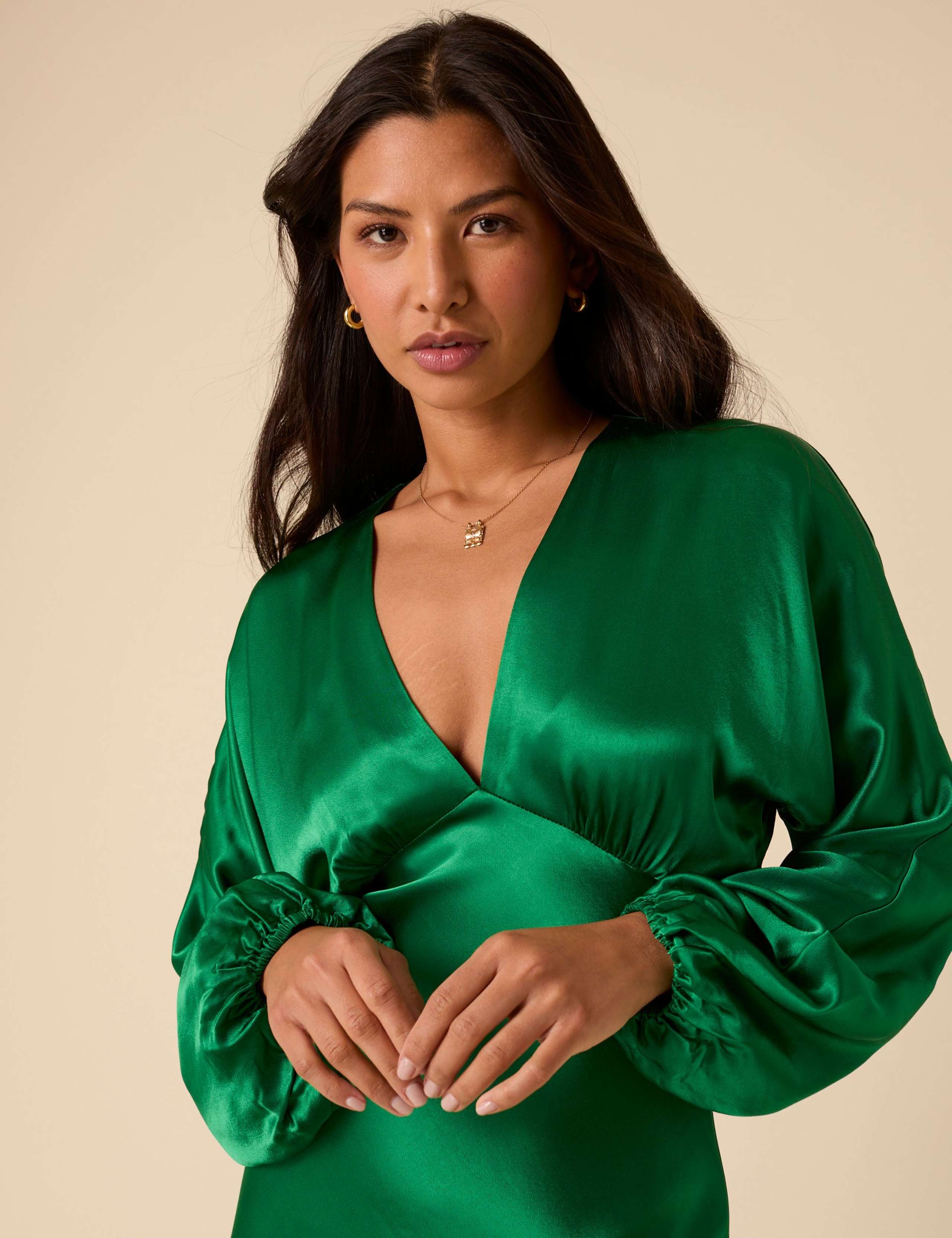 Satin Blouson Sleeve Midi Dress 3 of 5