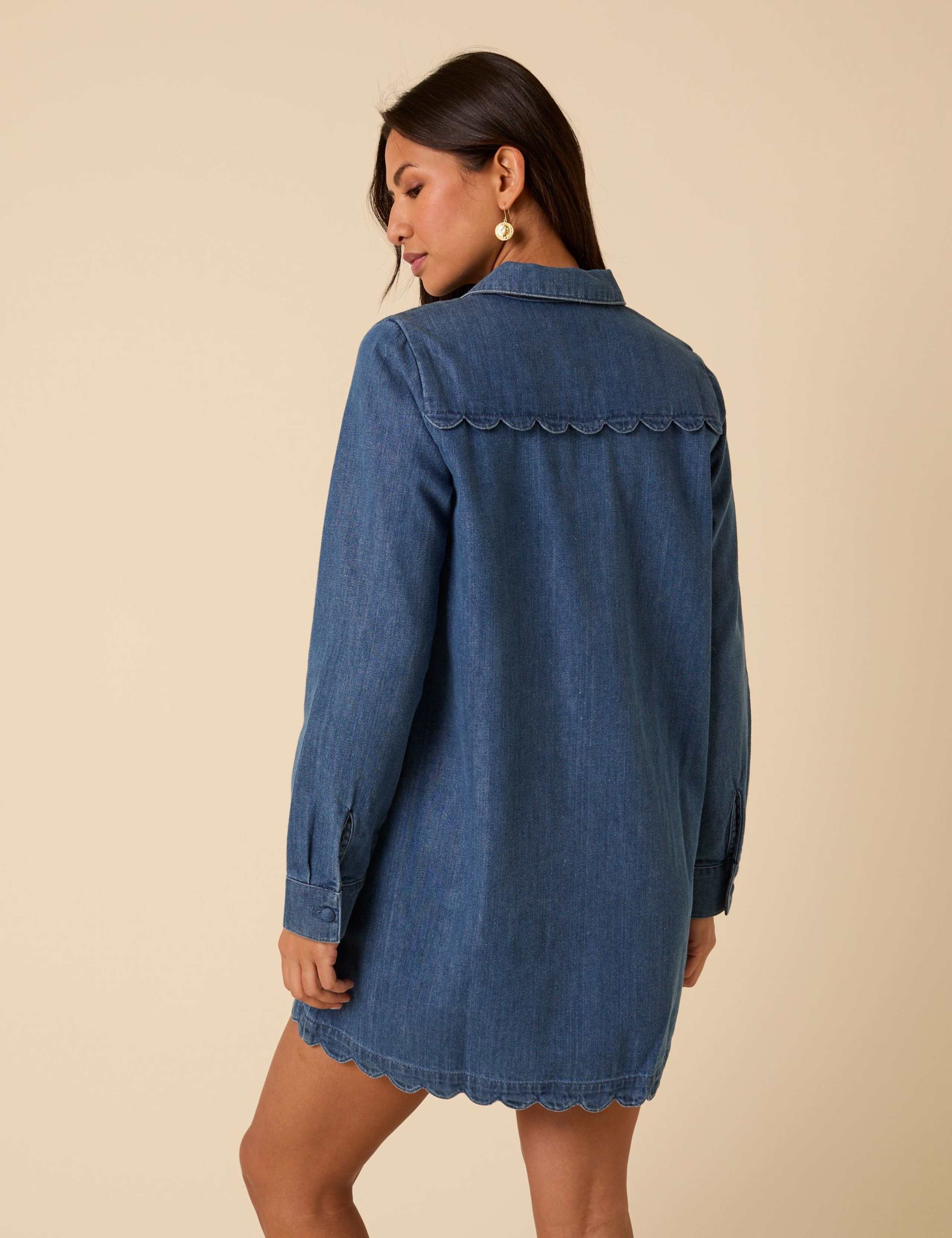 Denim Scallop Trim Mini Dress 2 of 5