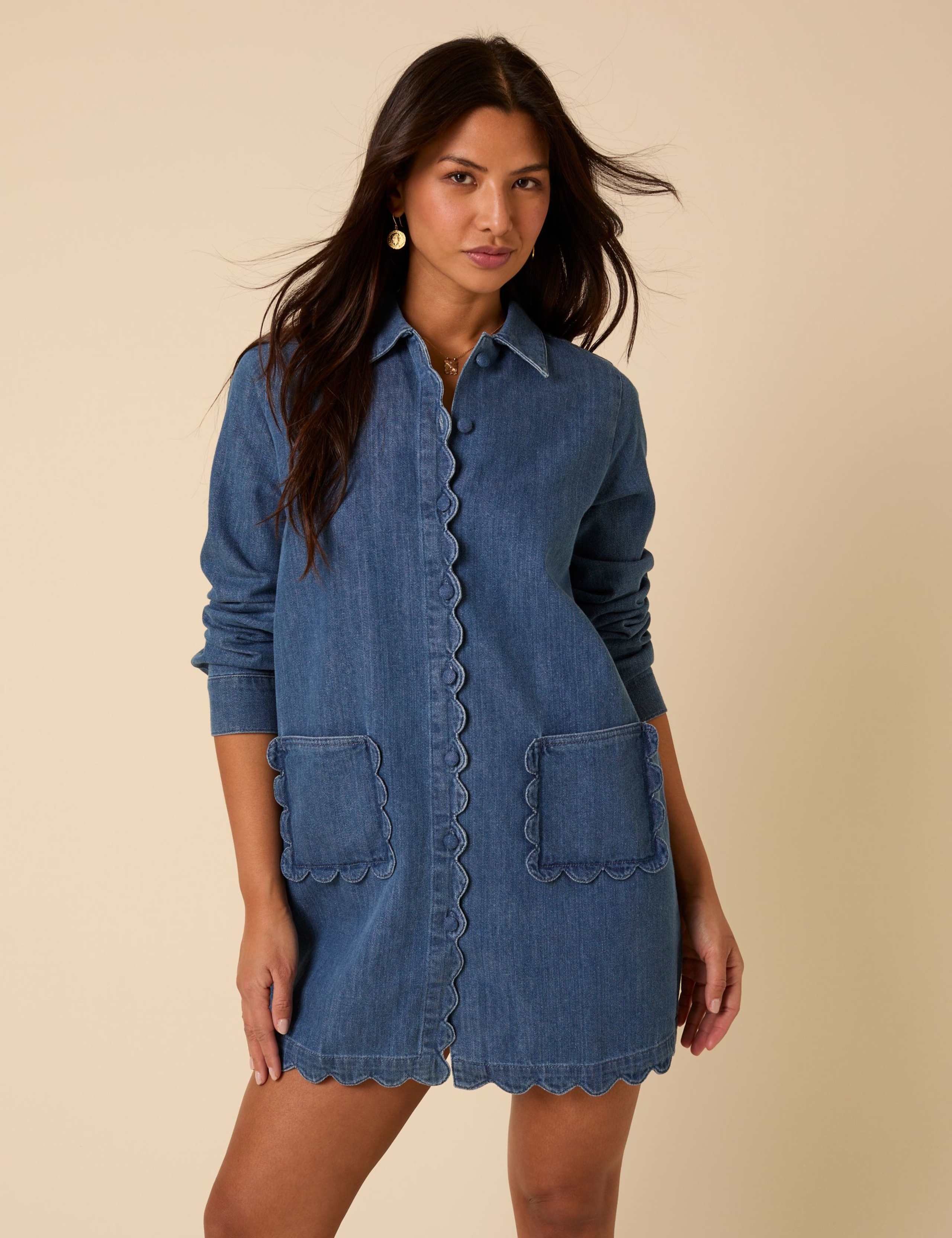 Denim Scallop Trim Mini Dress 3 of 5