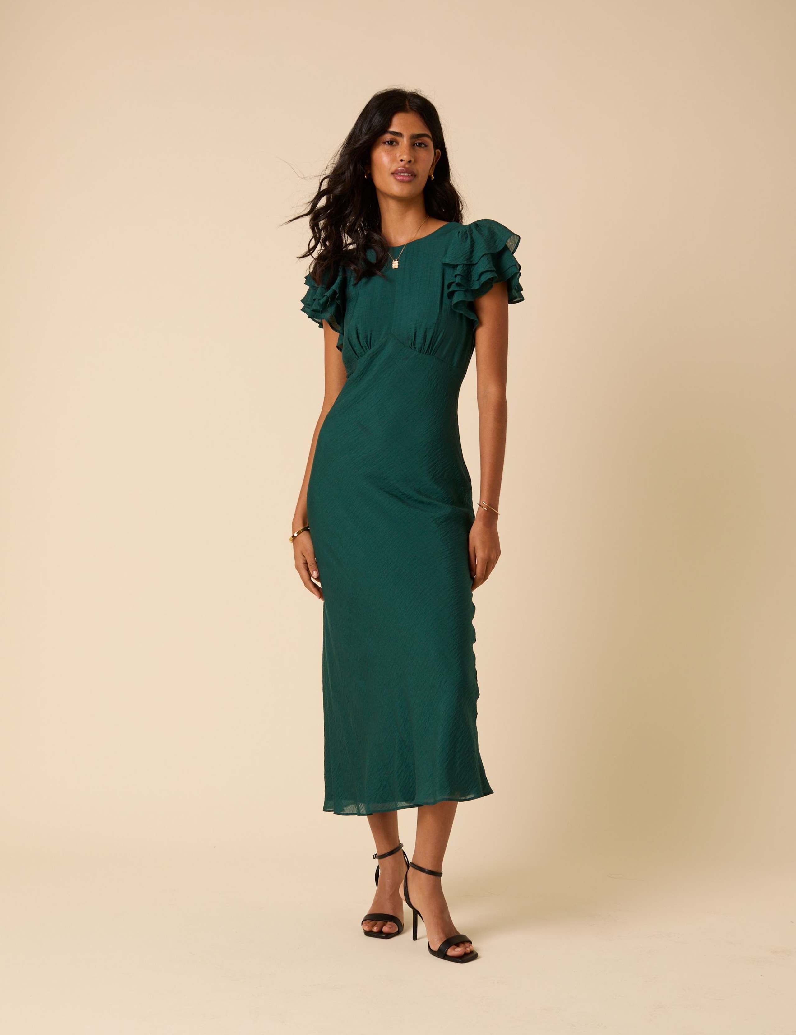 Crew Neck V-Back Ruffle Midi Column Dress 1 of 5