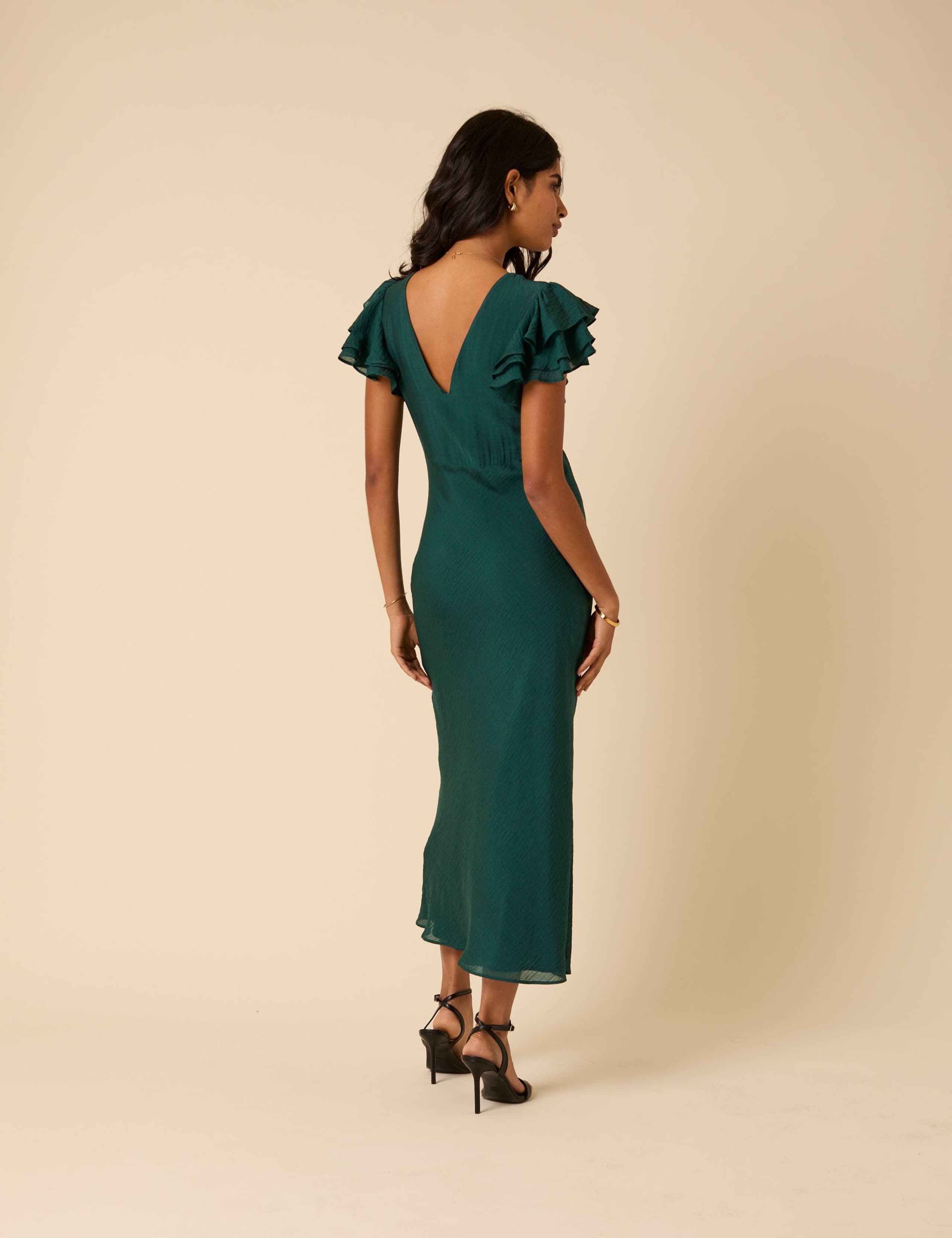 Crew Neck V-Back Ruffle Midi Column Dress 2 of 5