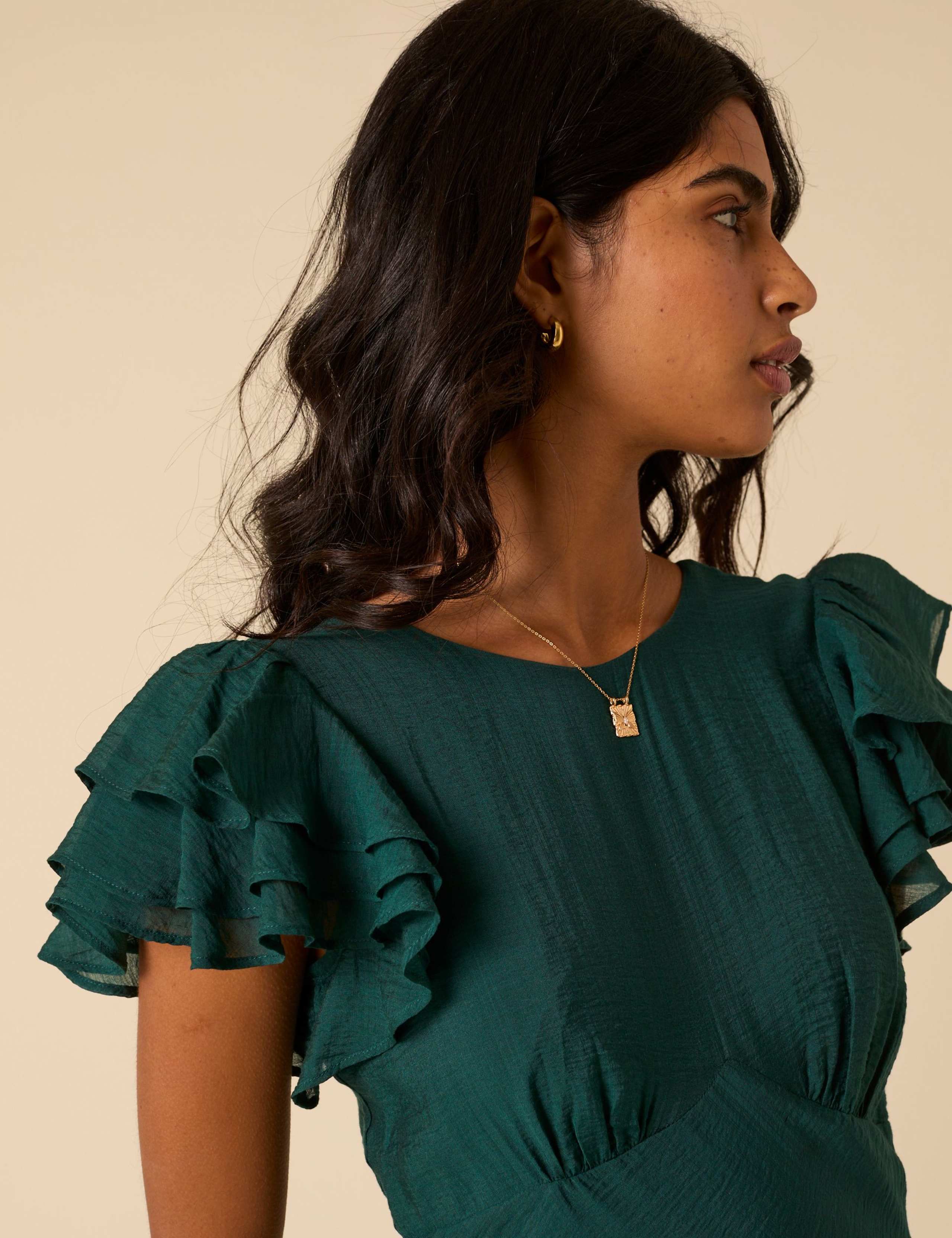 Crew Neck V-Back Ruffle Midi Column Dress 3 of 5