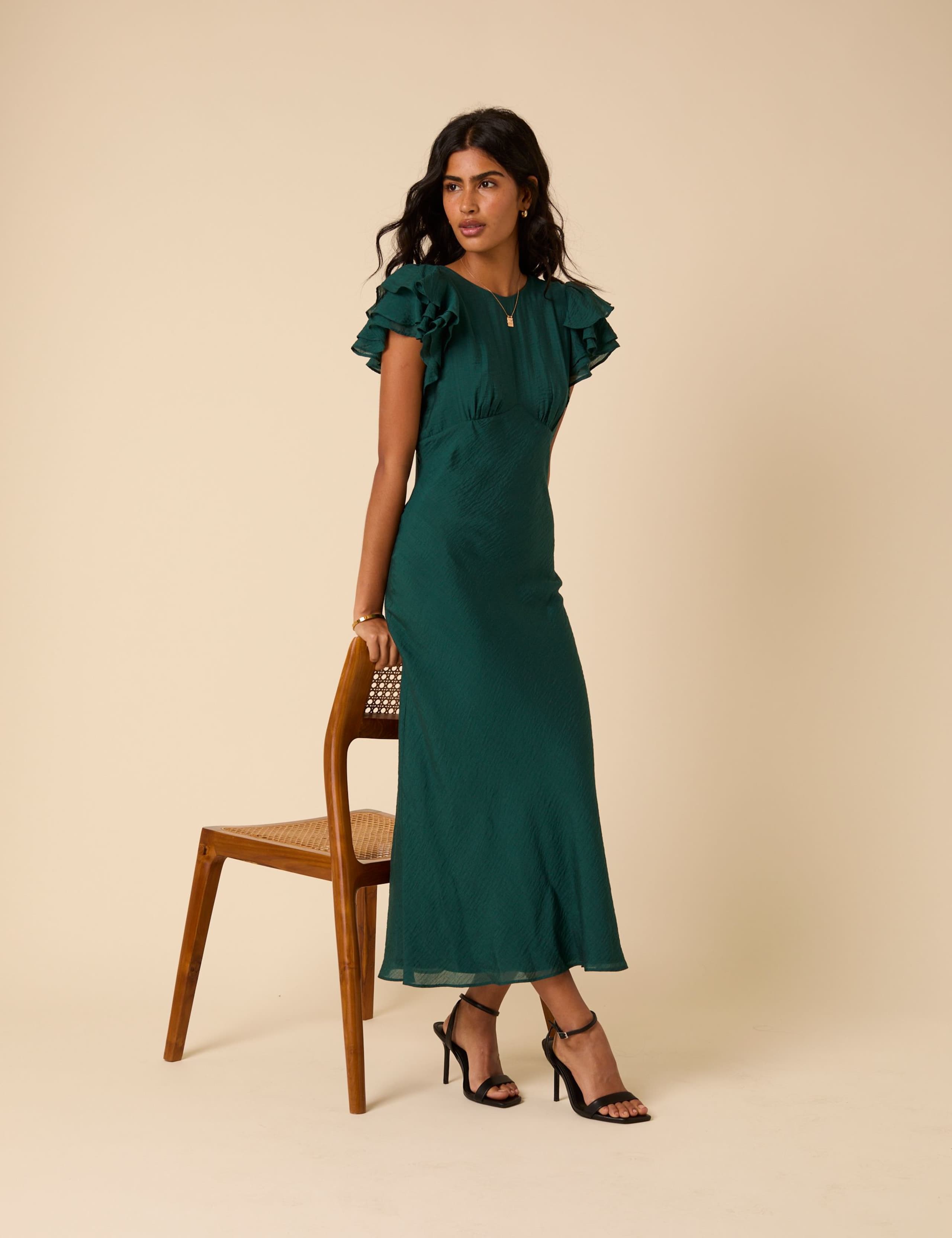 Crew Neck V-Back Ruffle Midi Column Dress 5 of 5