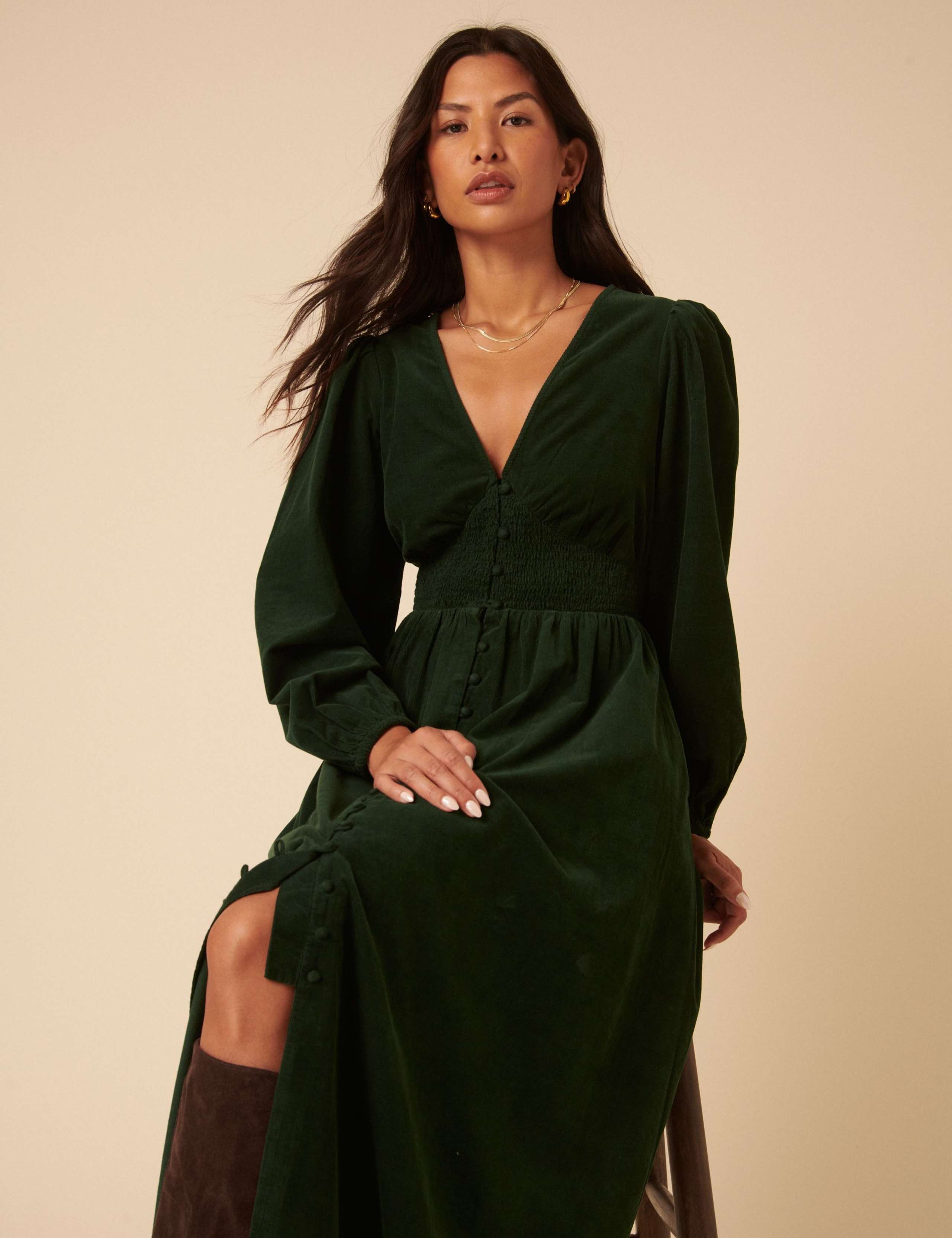 Pure Cotton Cord Shirred Midi Waisted Dress 3 of 5