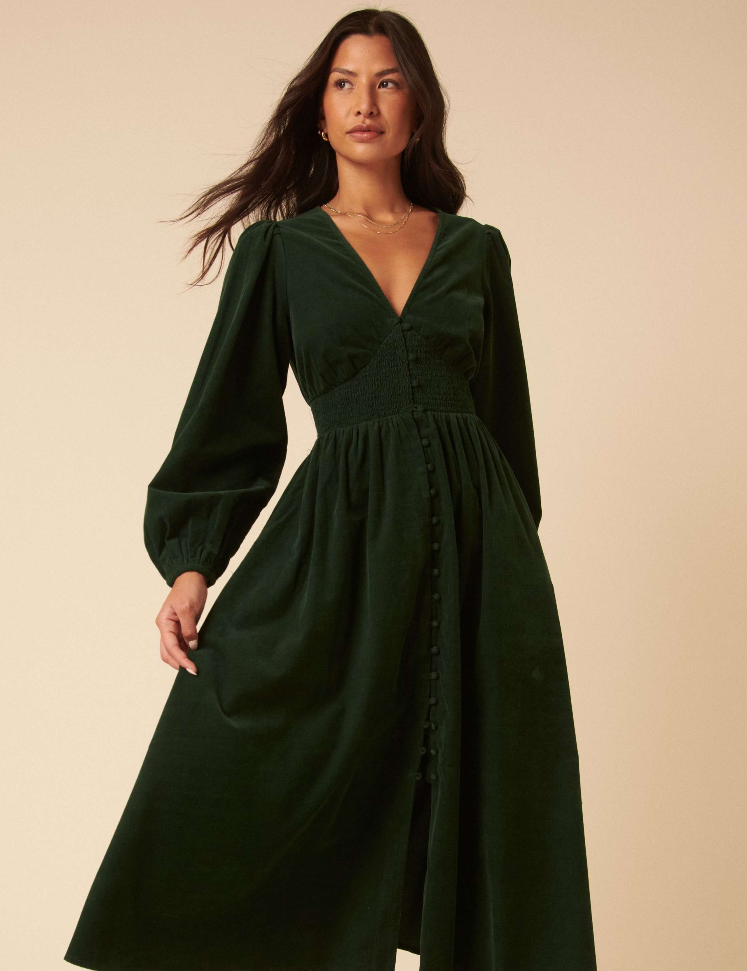 Pure Cotton Cord Shirred Midi Waisted Dress 4 of 5