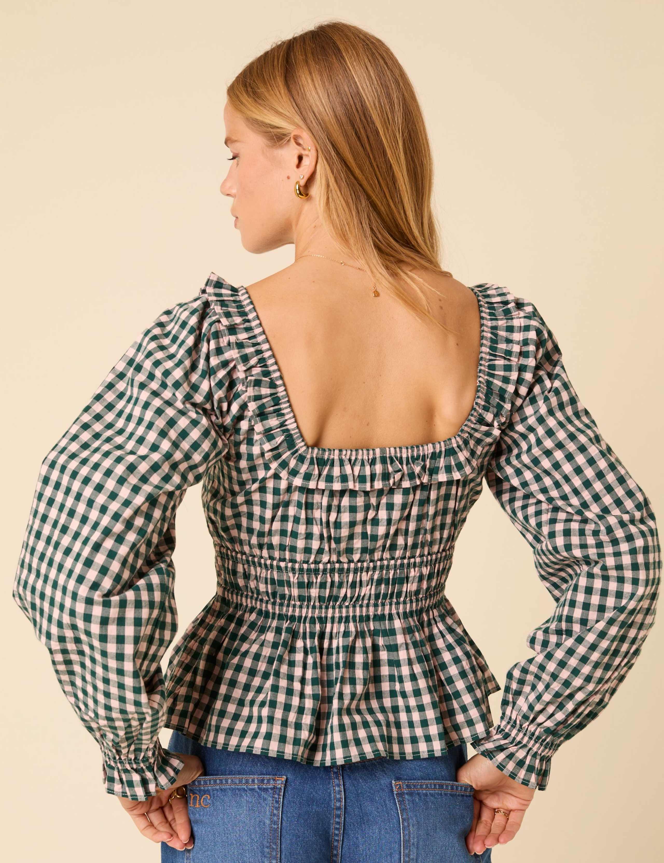 Pure Cotton Checked Sweetheart Neck Top 2 of 5