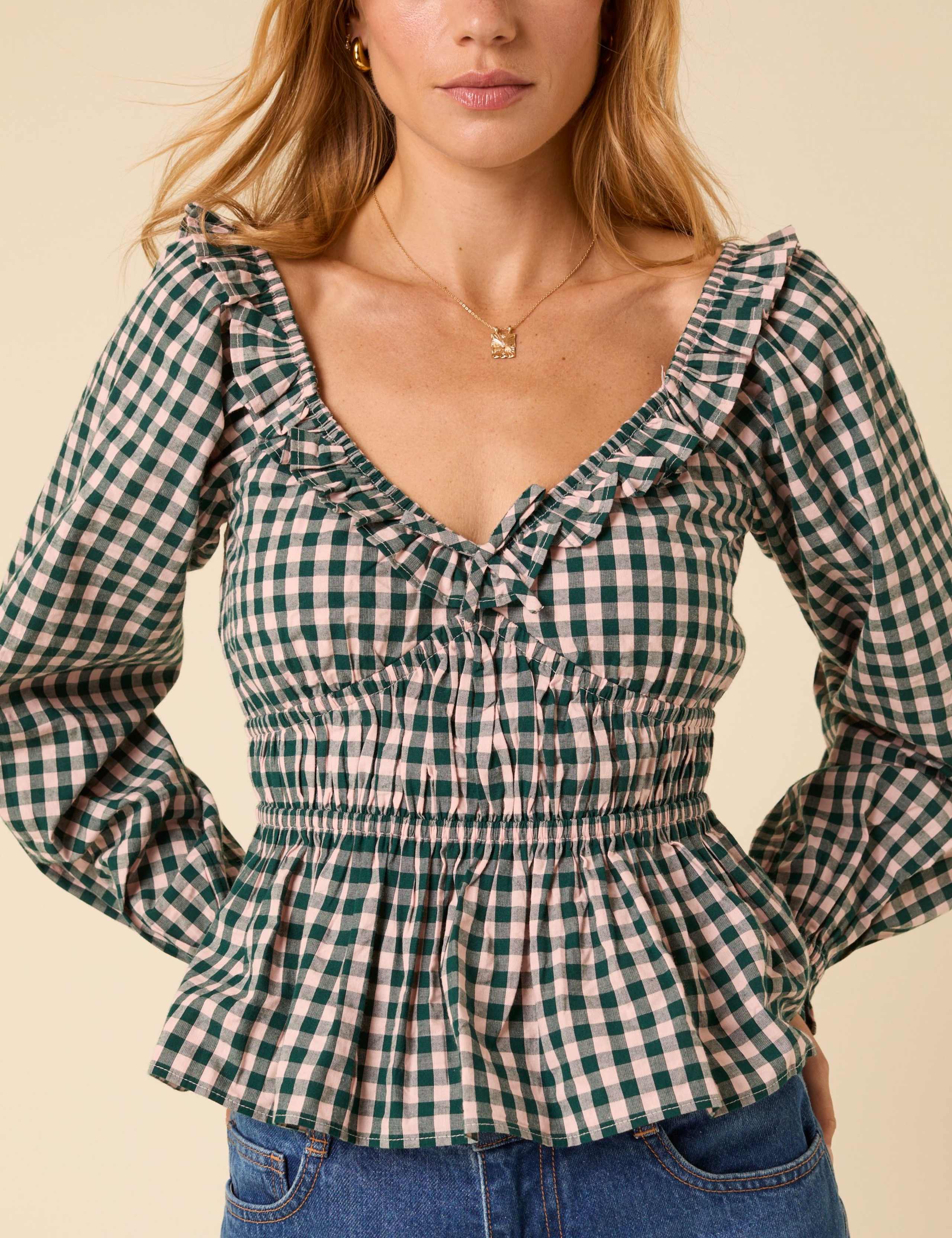 Pure Cotton Checked Sweetheart Neck Top 5 of 5