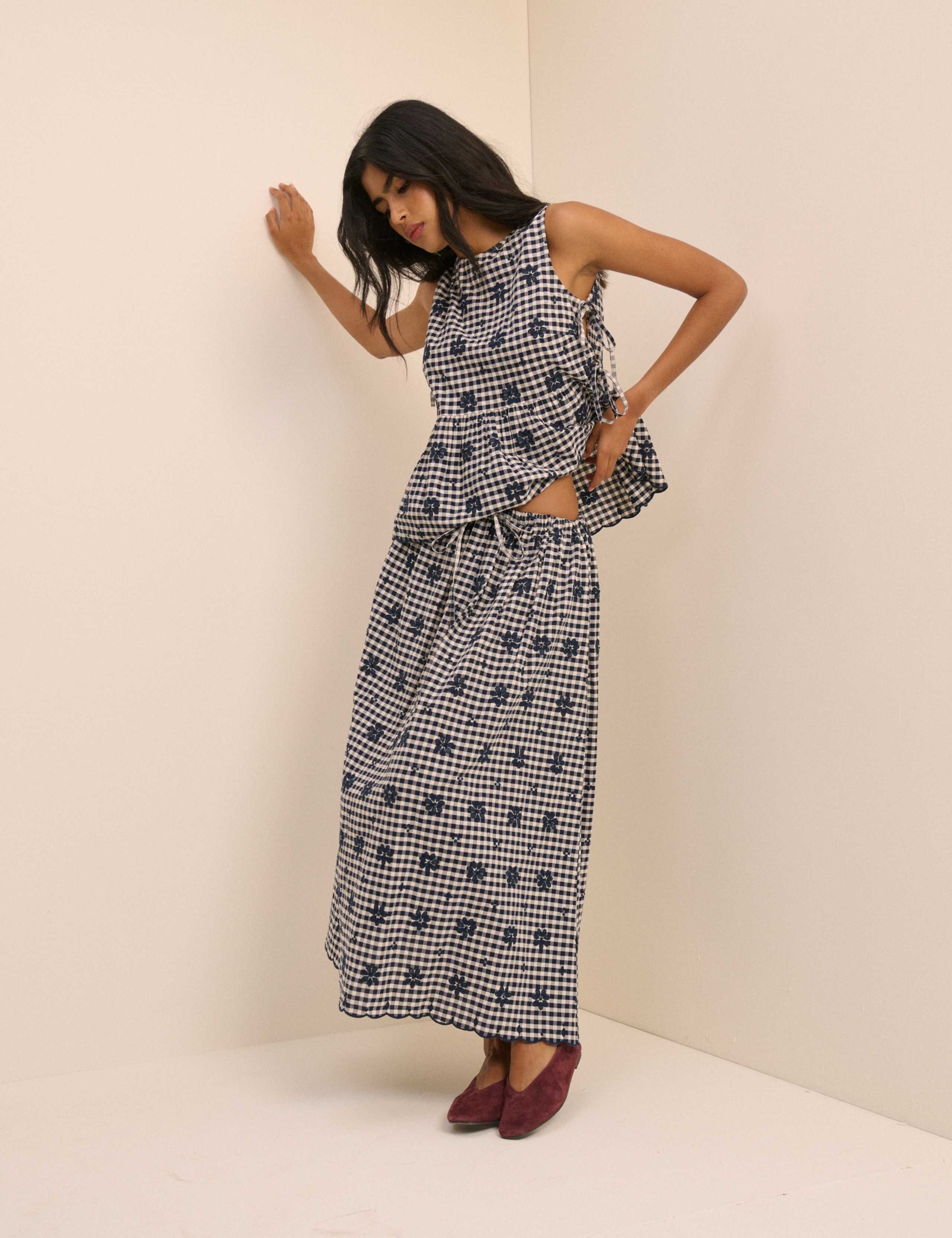 Cotton Rich Checked Midi A-Line Skirt 1 of 5