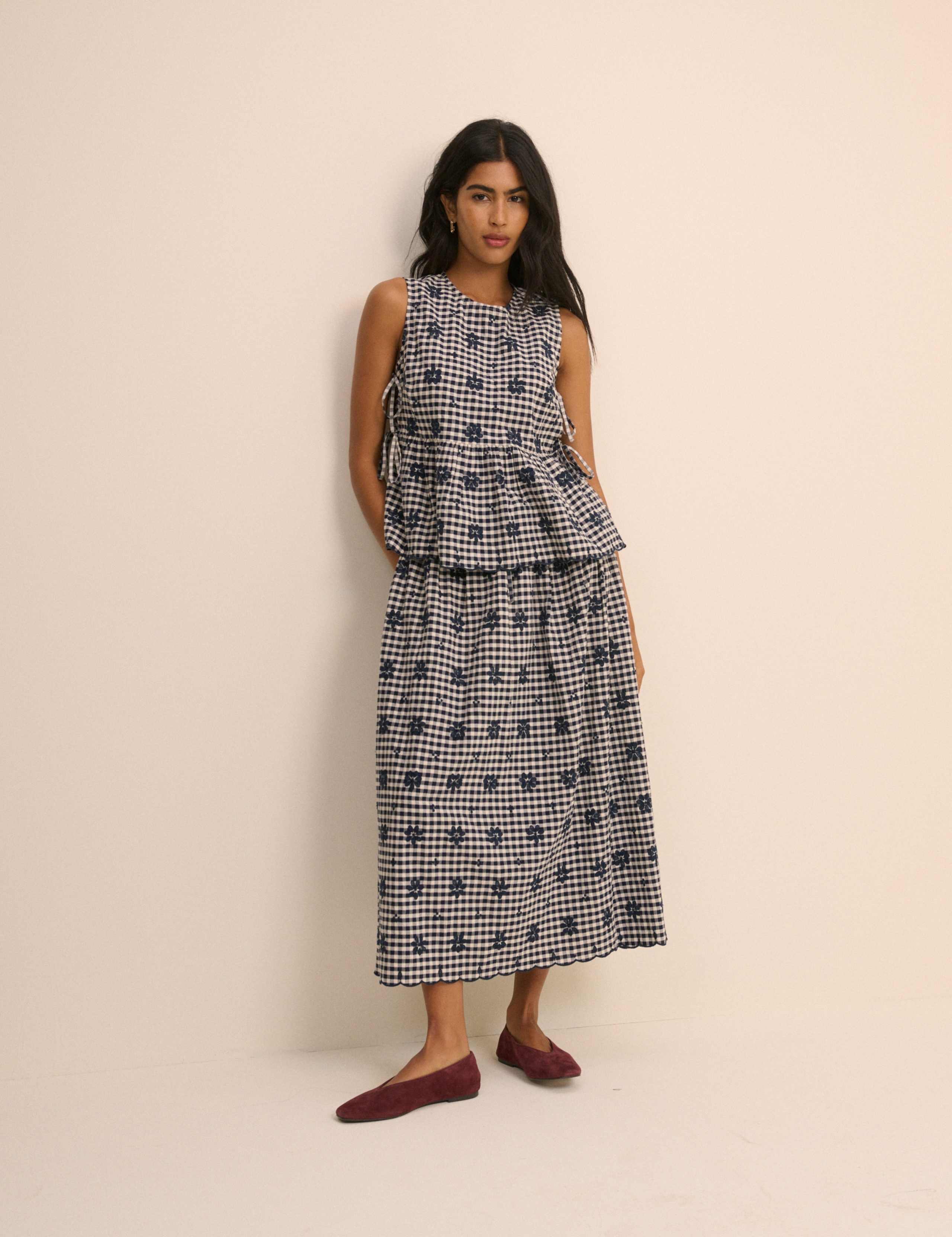 Pure Cotton Checked Embroidered Blouse 1 of 5