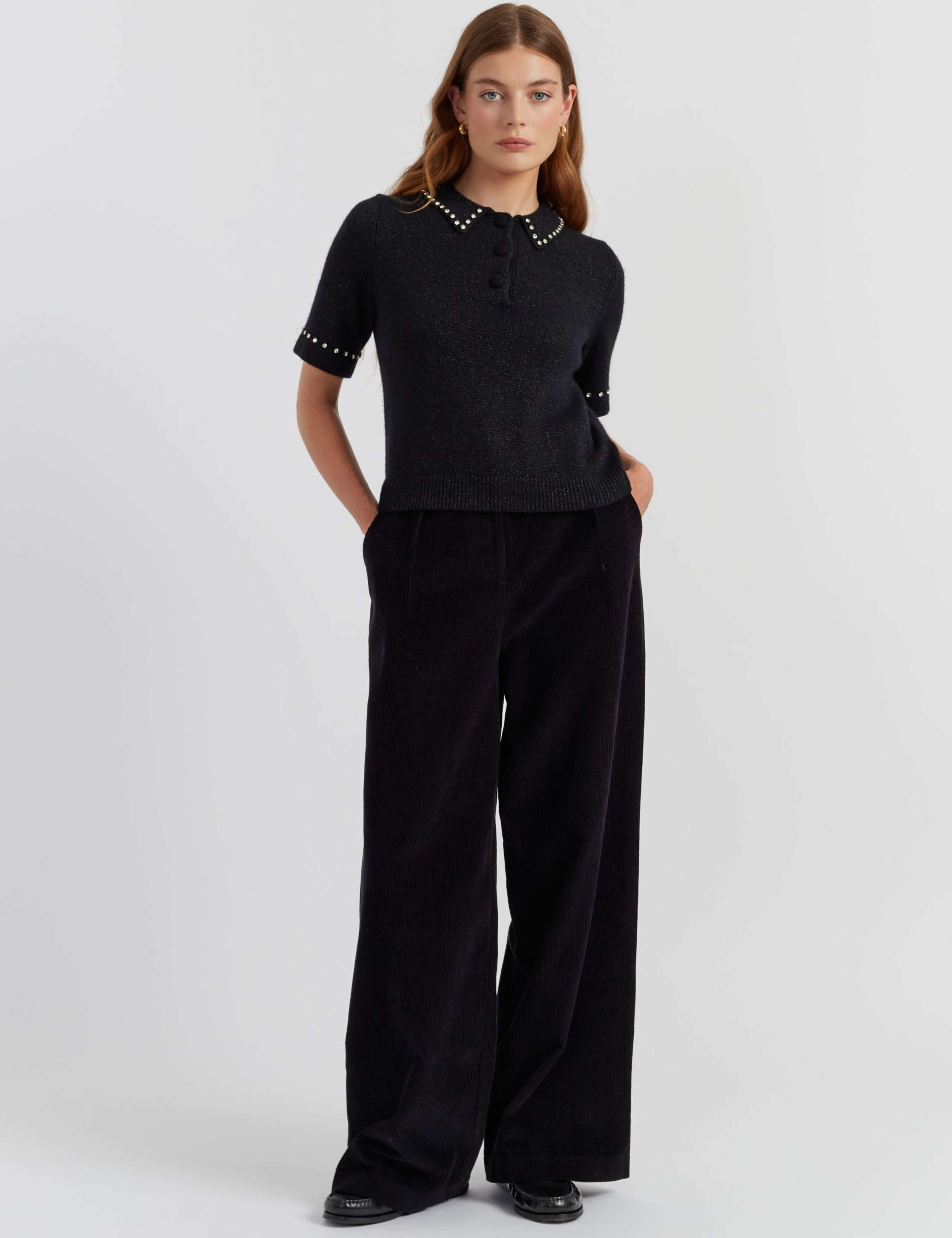 Wool Rich Embellished Polo Collar Knitted Top with Cashmere 3 of 4