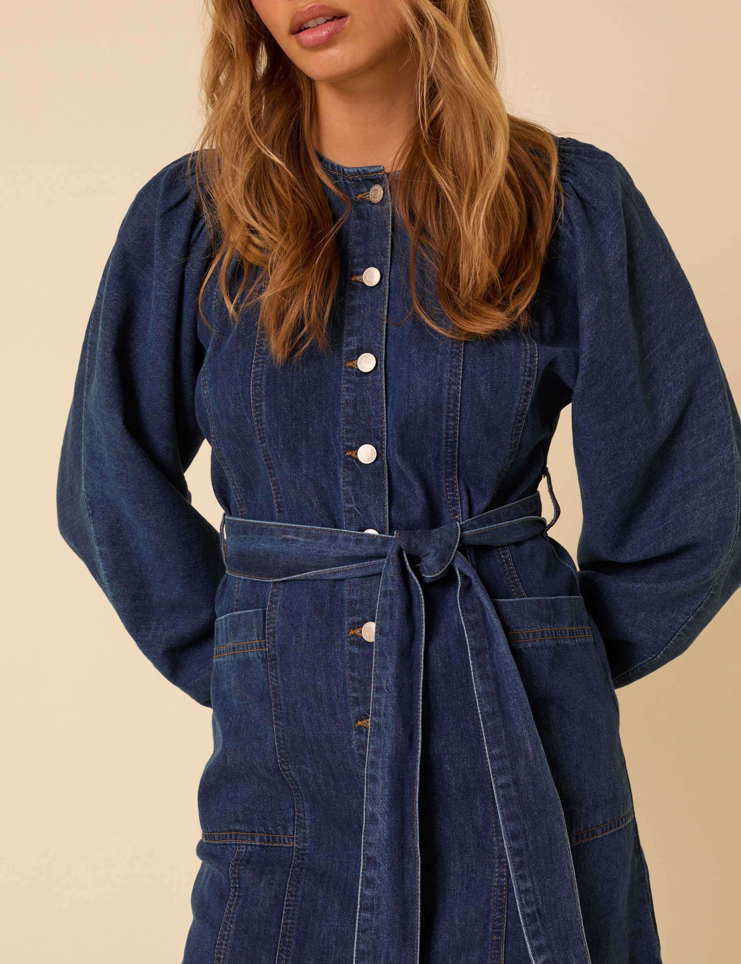 Denim Tie Waist Mini Tea Dress 2 of 5