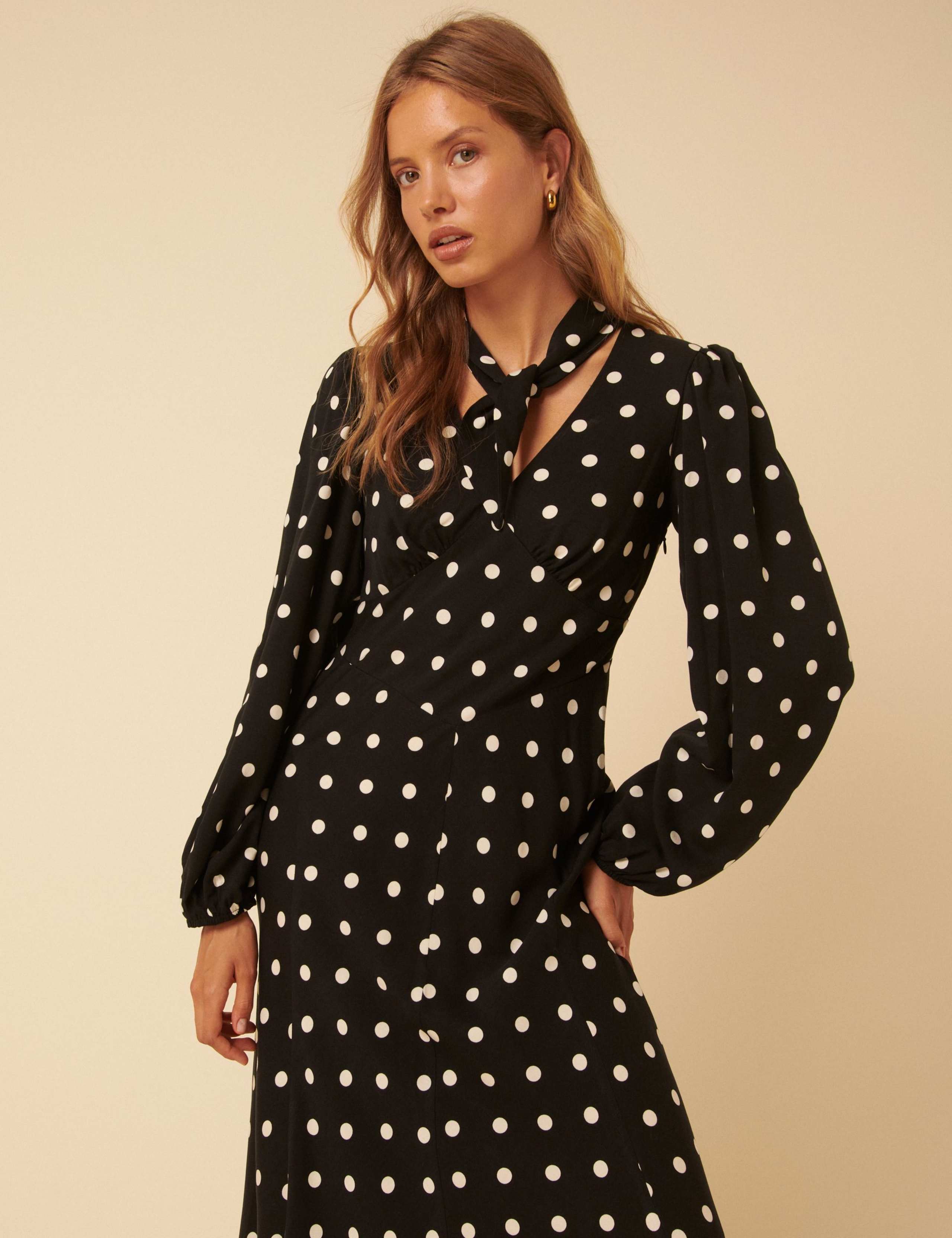 Polka Dot V-Neck Blouson Sleeve Midi Tea Dress 2 of 5